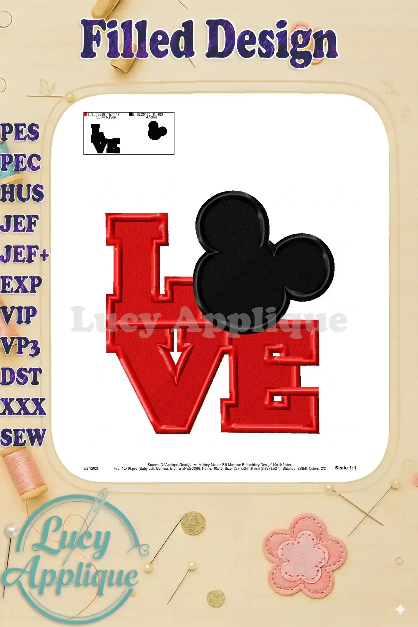 Detailed view of the finished "LOVE" Mickey Mouse embroidery design, showing accurate stitching and color representation. Scale is 1:1.