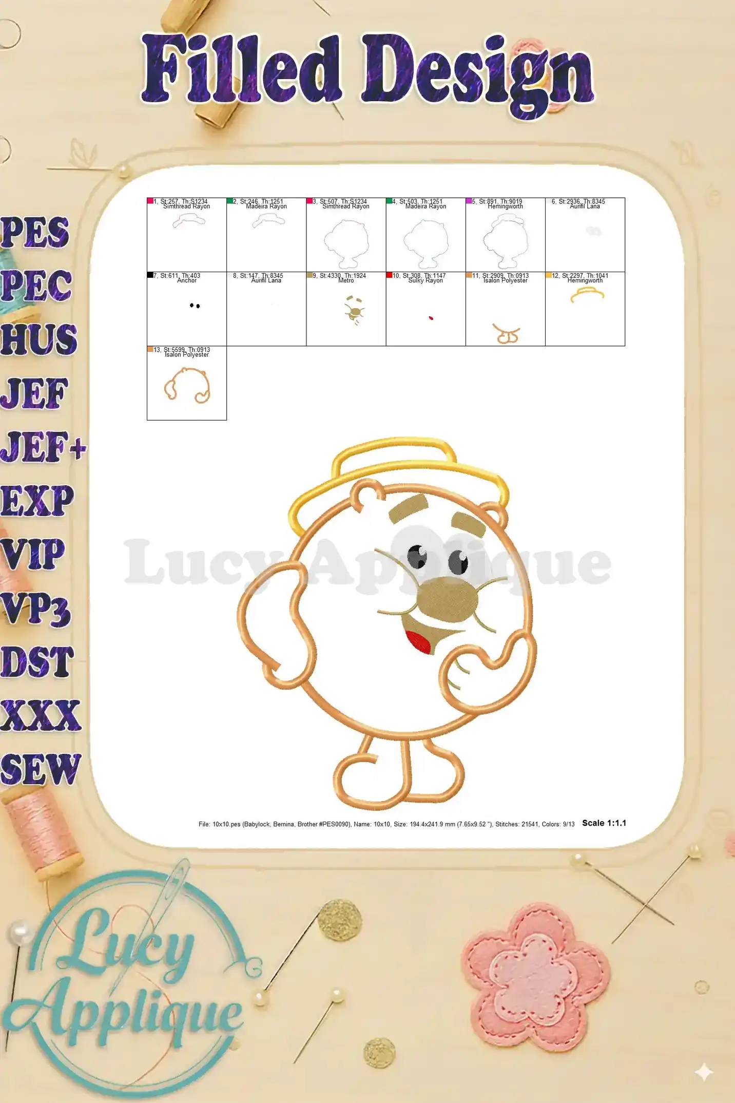 Filled design of Bear from the Big Blue House, showing the completed embroidery with all colors and details.