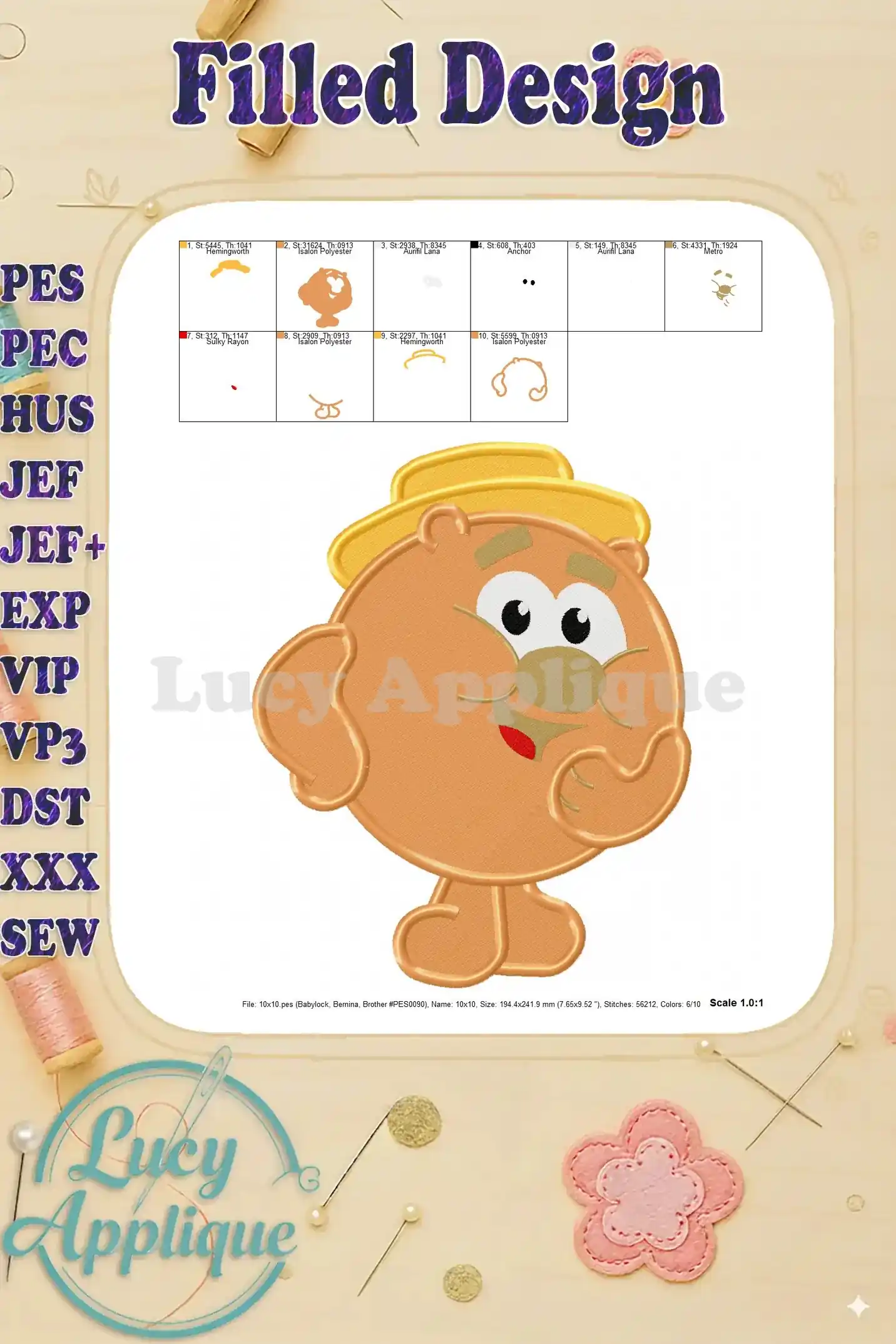 Detailed view of the design's stitch pattern and size specifications, including stitch count and scale. Useful for embroidery machine setup.
