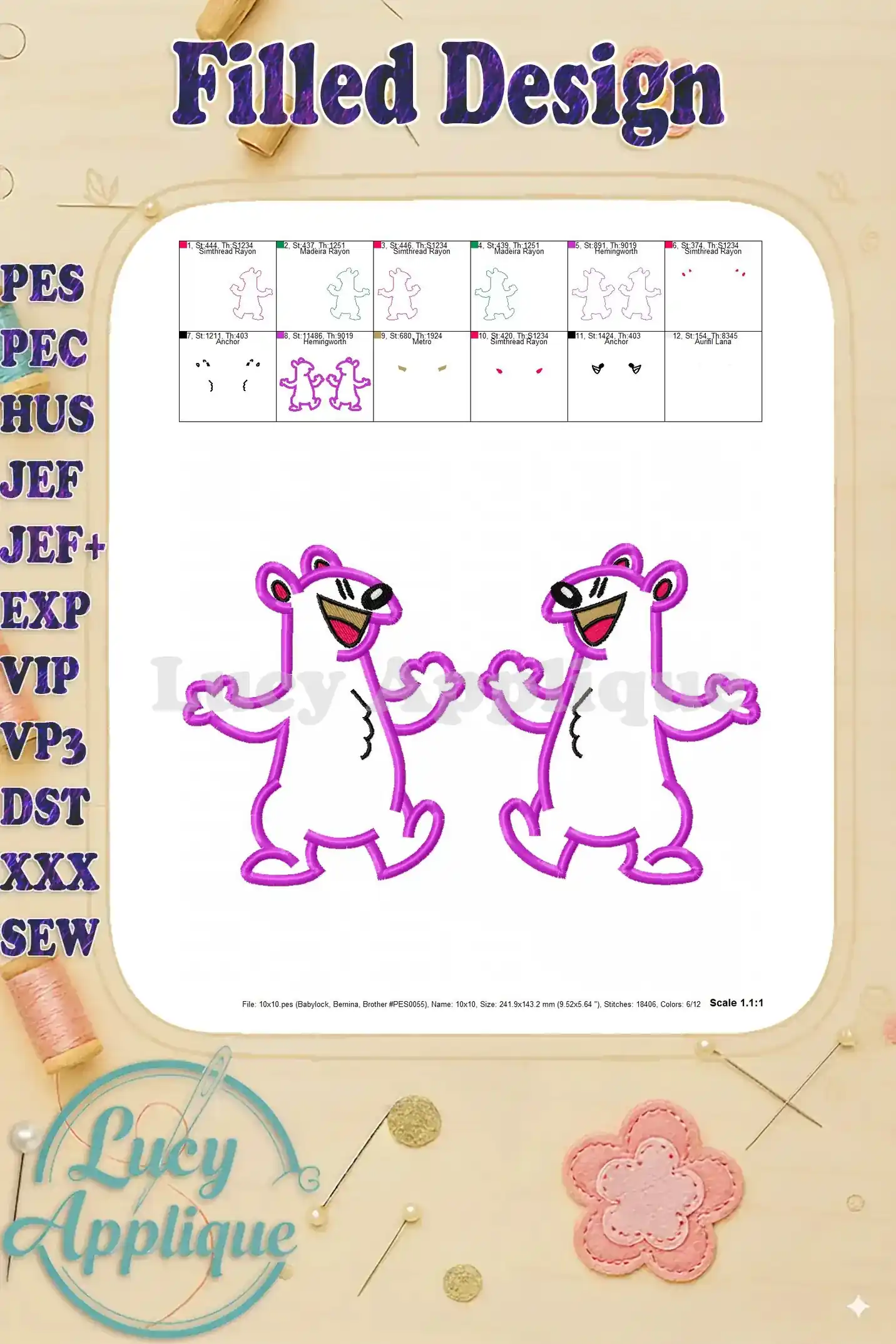 Filled embroidery design of two purple bears, Pip and Pop, showcasing the finished product after stitching.