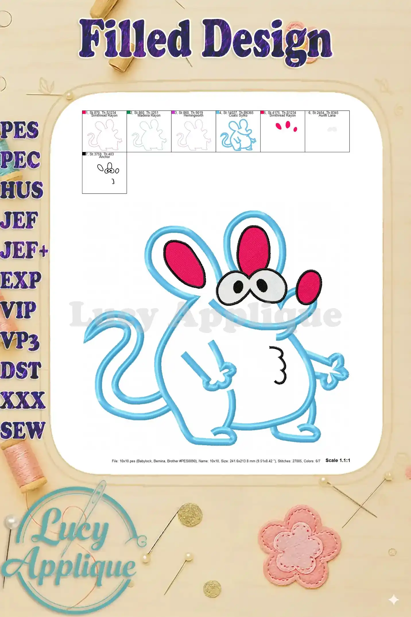 Color chart and details for the Tutter applique embroidery design. Shows different color options and design dimensions for accurate stitching.