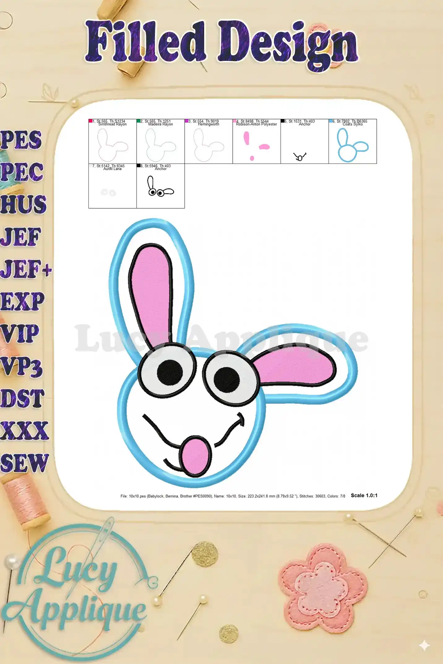 Filled design preview for the Tutter applique. Shows the completed applique in its entirety, highlighting the vibrant colors and stitch details. Great final product preview.