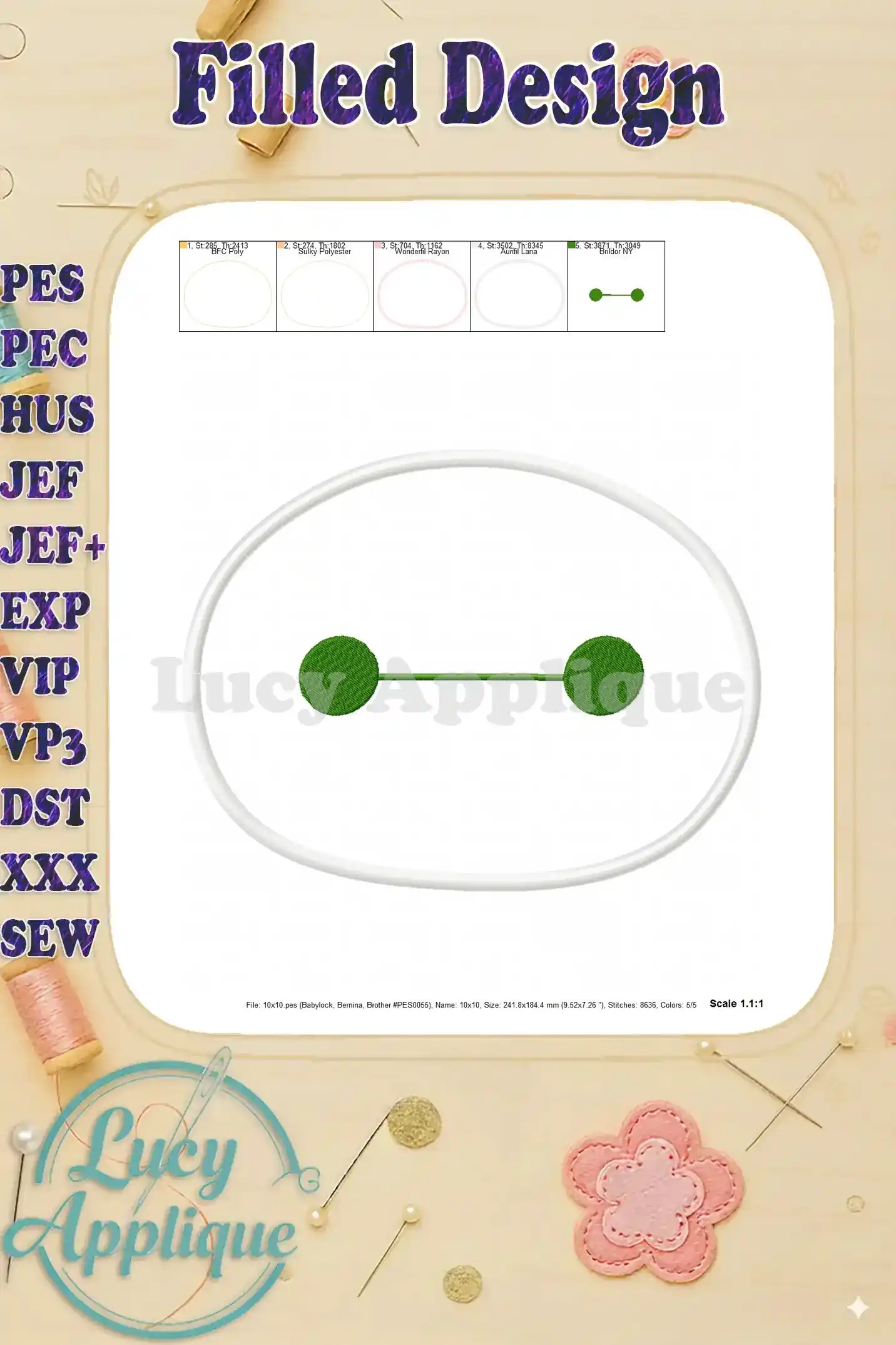 Filled Baymax applique embroidery design in green and black, showcasing the completed look after stitching.