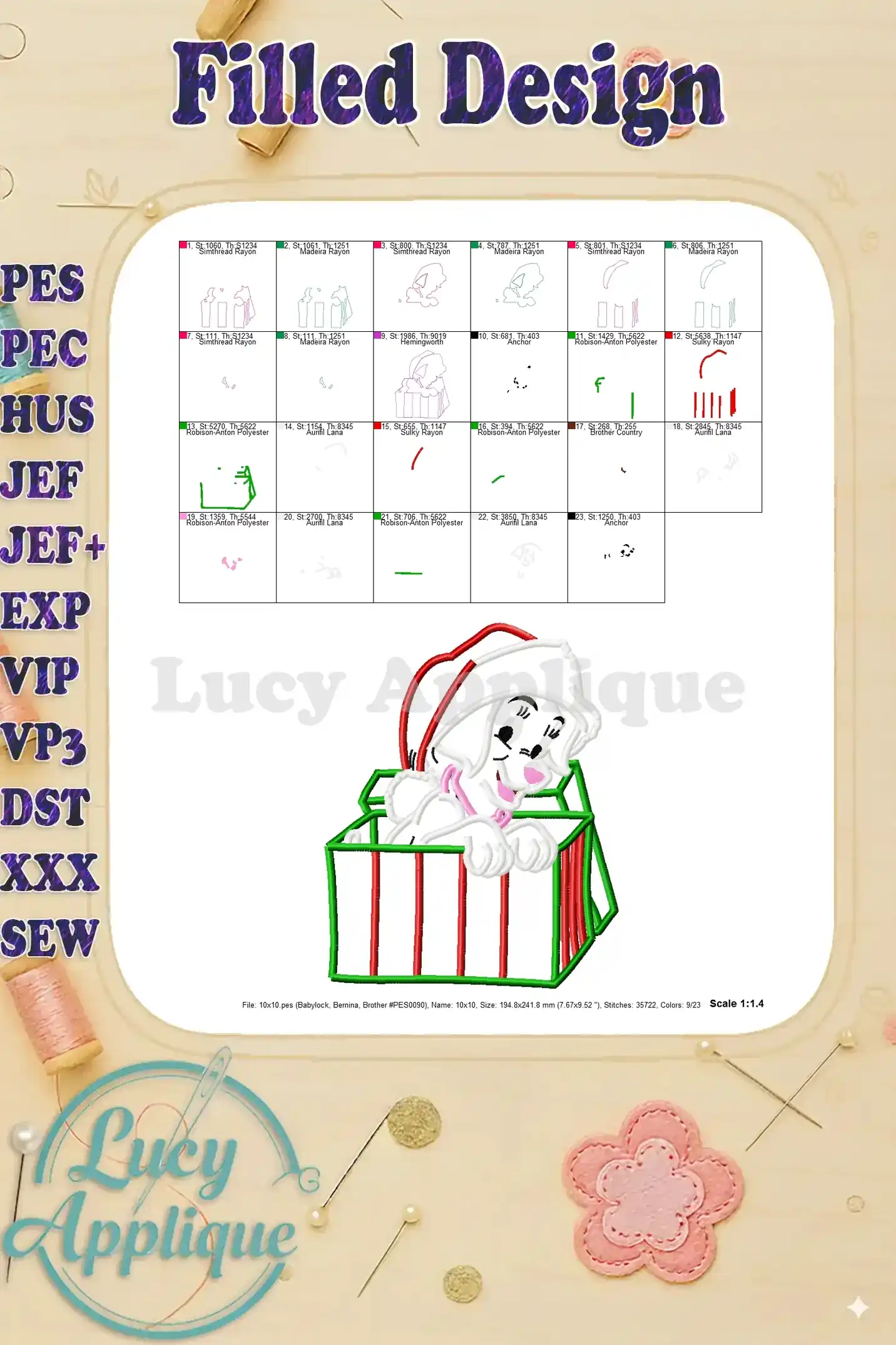 Filled design for the Dalmatian Christmas applique, showing the color blocks and thread usage.