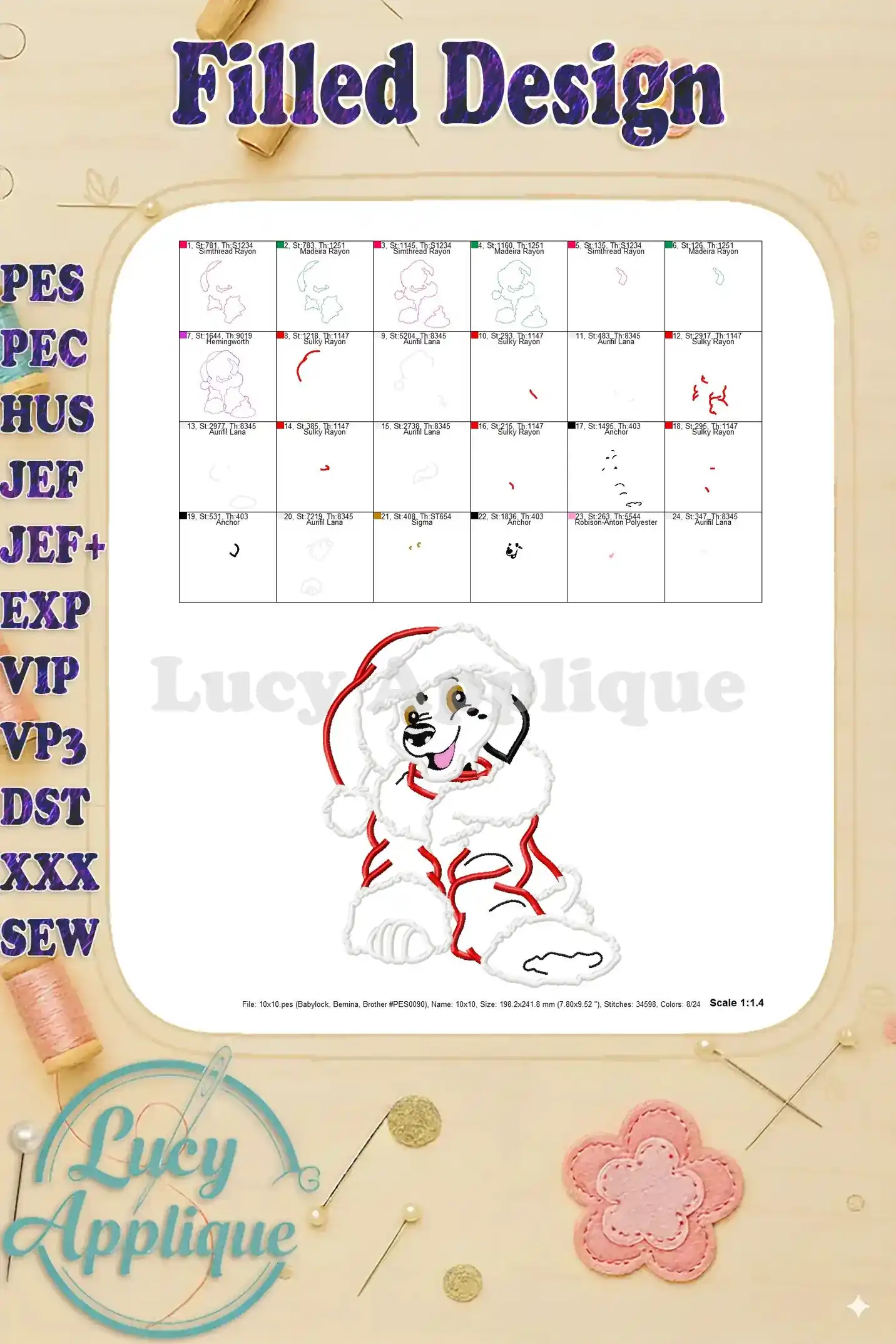 Filled design showing the completed Dalmatian applique, with details of thread consumption and machine specifications.