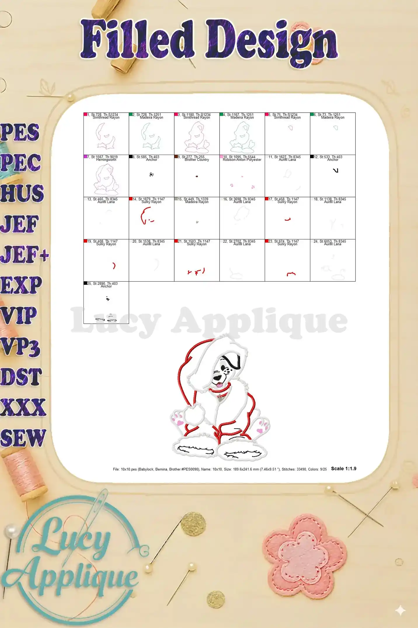 Filled design image showcasing a complete view of the finished Dalmatian applique in various color options.