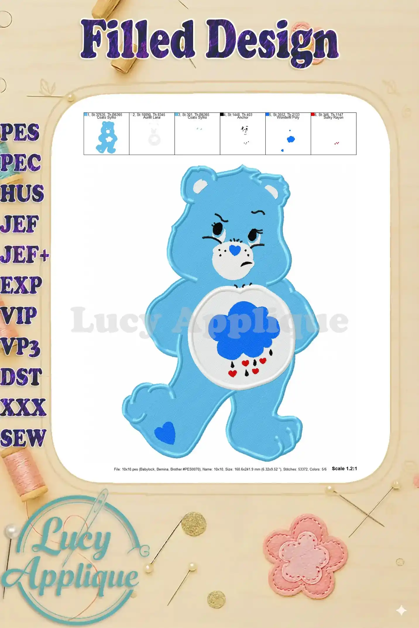 Embroidery design of Grumpy Bear from Care Bears, showcasing a filled stitch style. Perfect for creating patches or embellishing clothing.