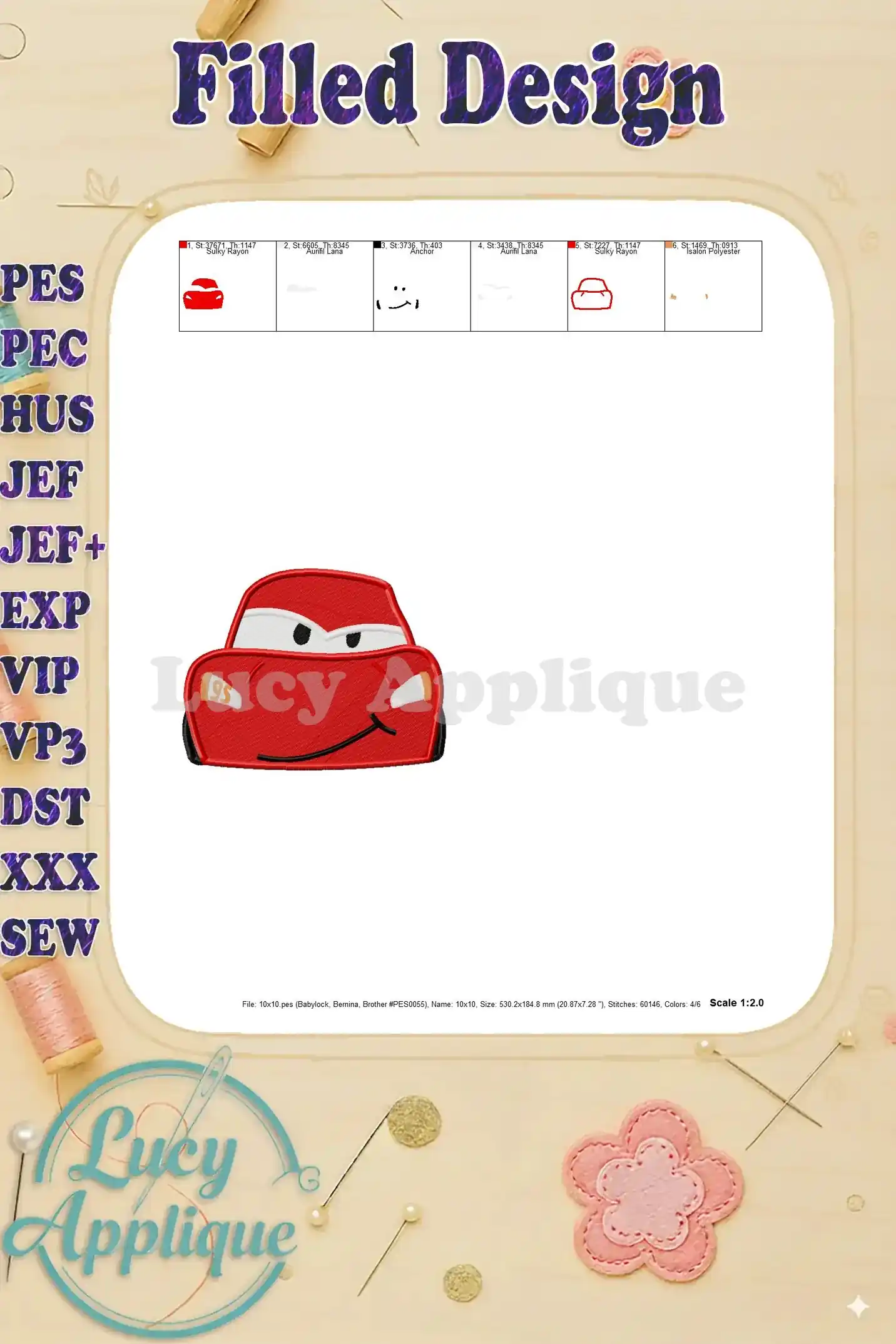 Close-up view of the Lightning McQueen embroidery design on fabric, highlighting the details and stitch quality. Shows the final embroidered product.