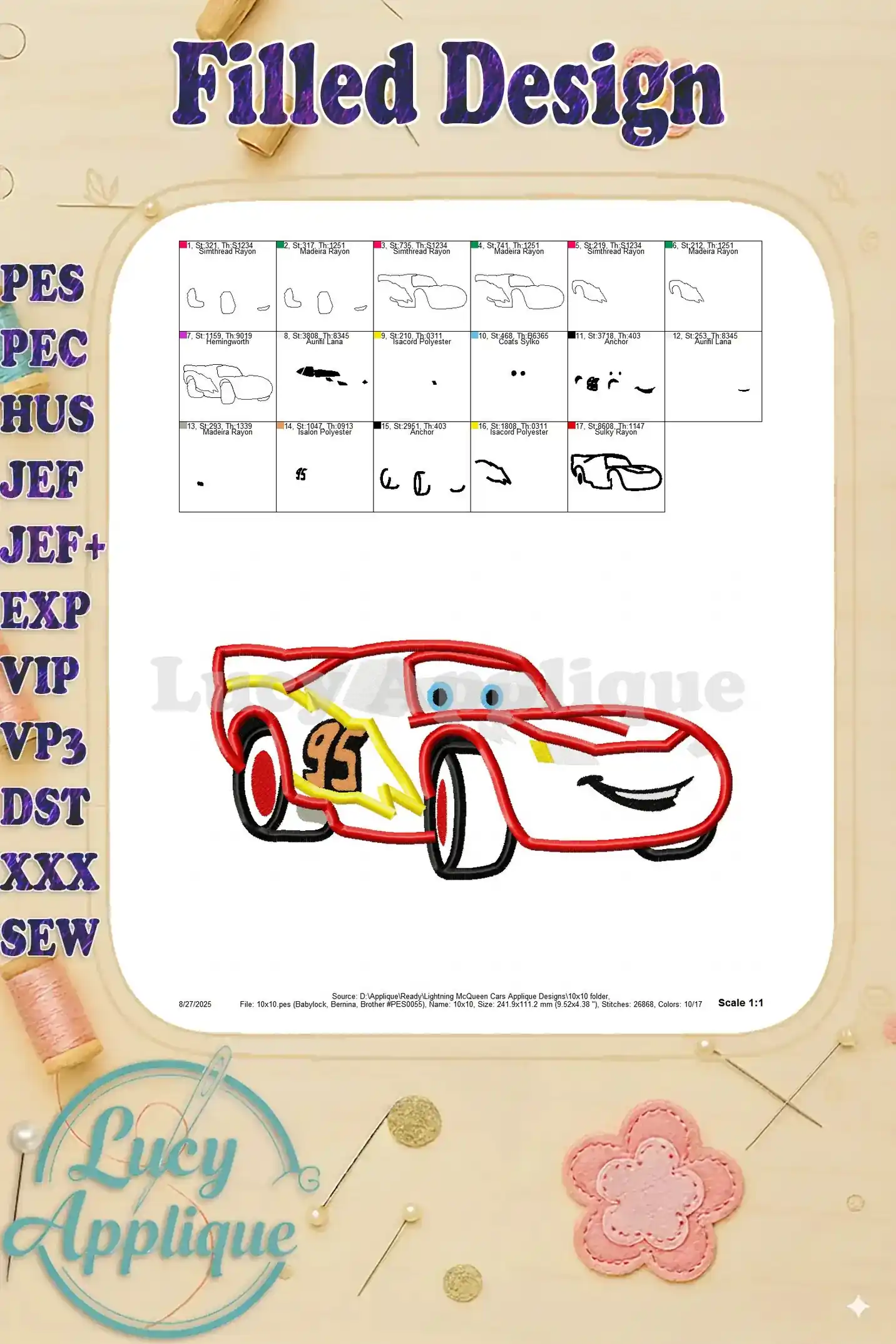 Filled design preview of the Lightning McQueen applique, showcasing the completed embroidery with all colors and details. A great final product preview.