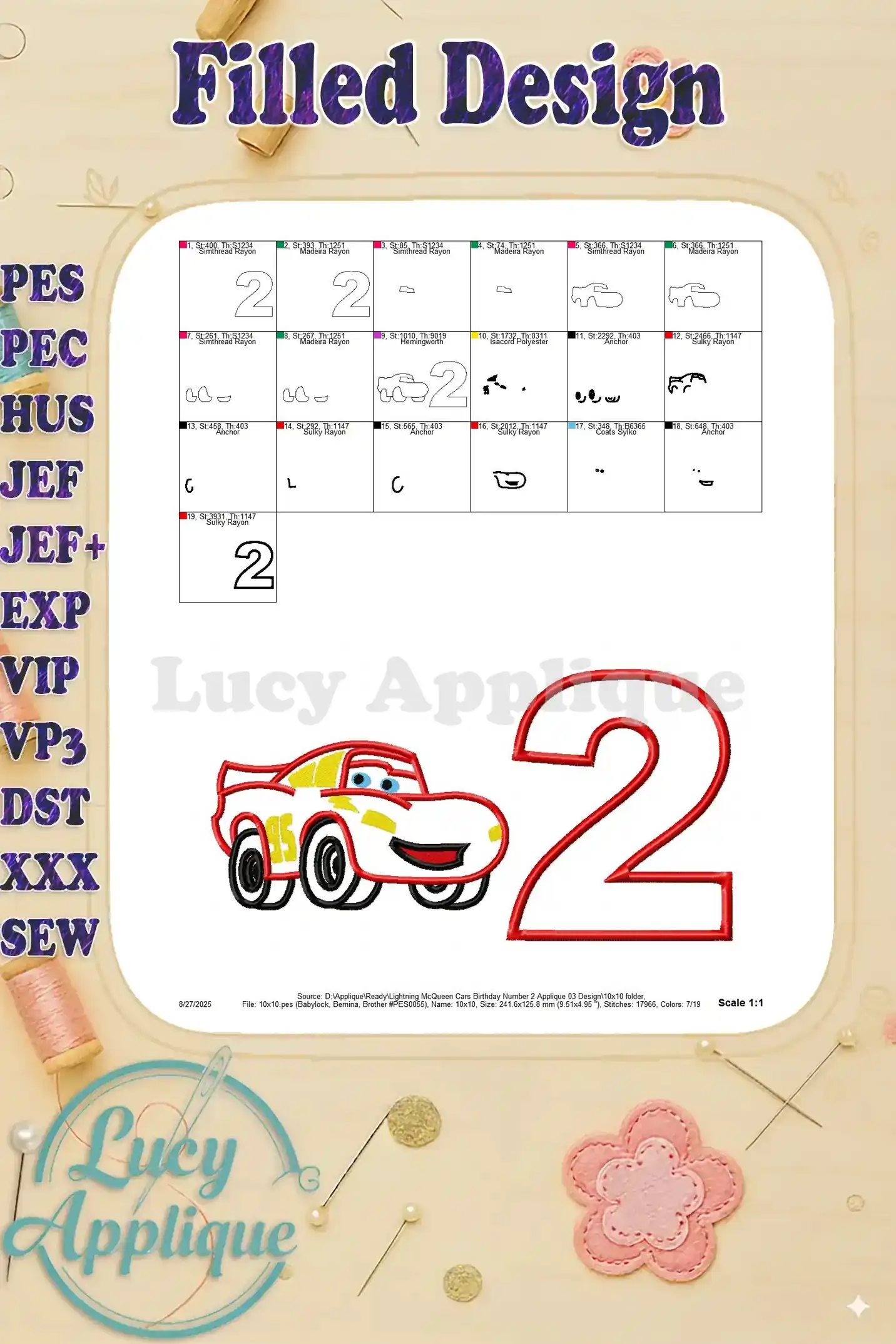 A filled design preview of the Lightning McQueen applique design. This shows how the finished product looks after stitching all the steps.