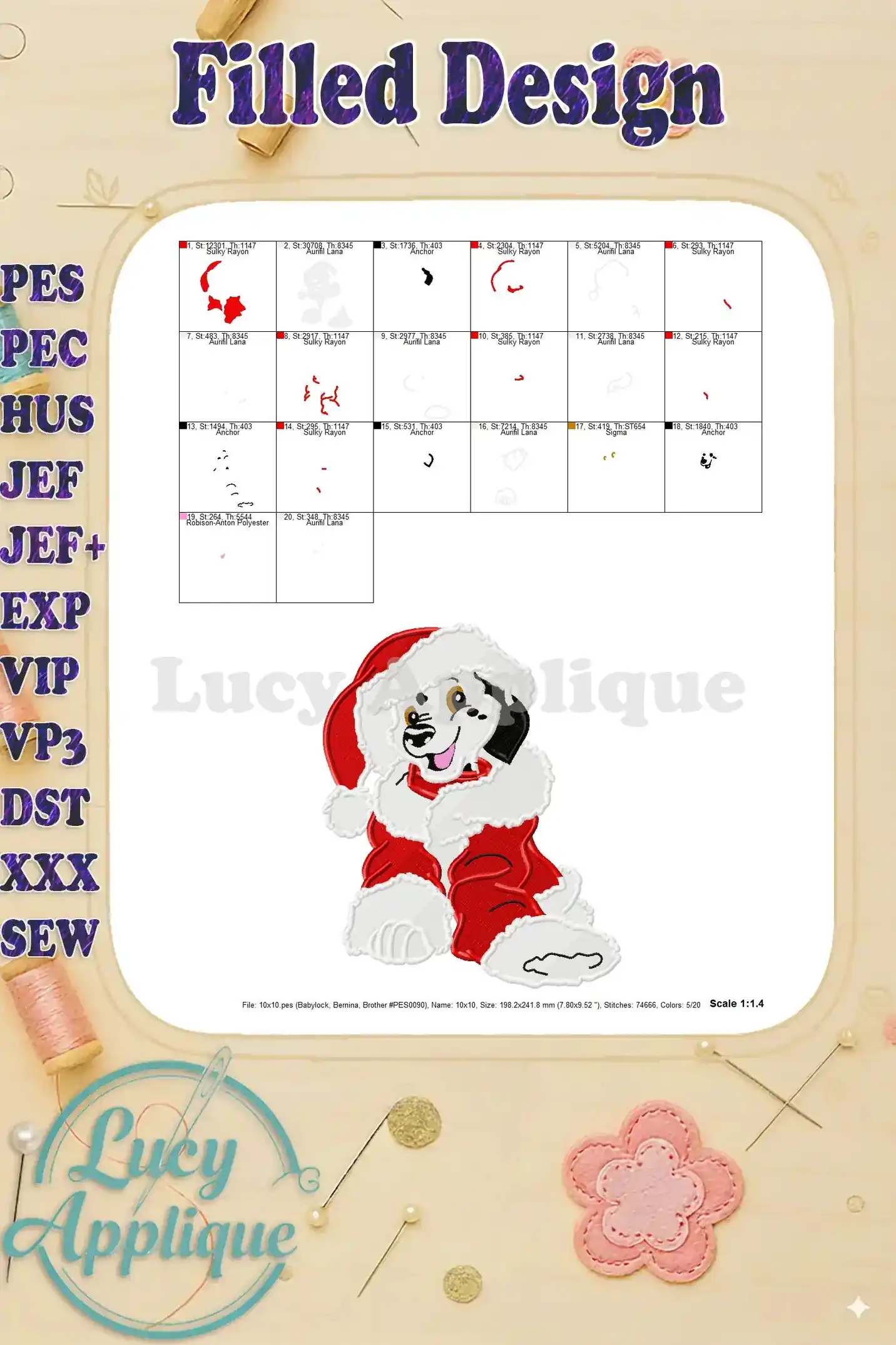 Embroidery design preview on a dark background, showcasing the final look of the stitched Dalmatian.