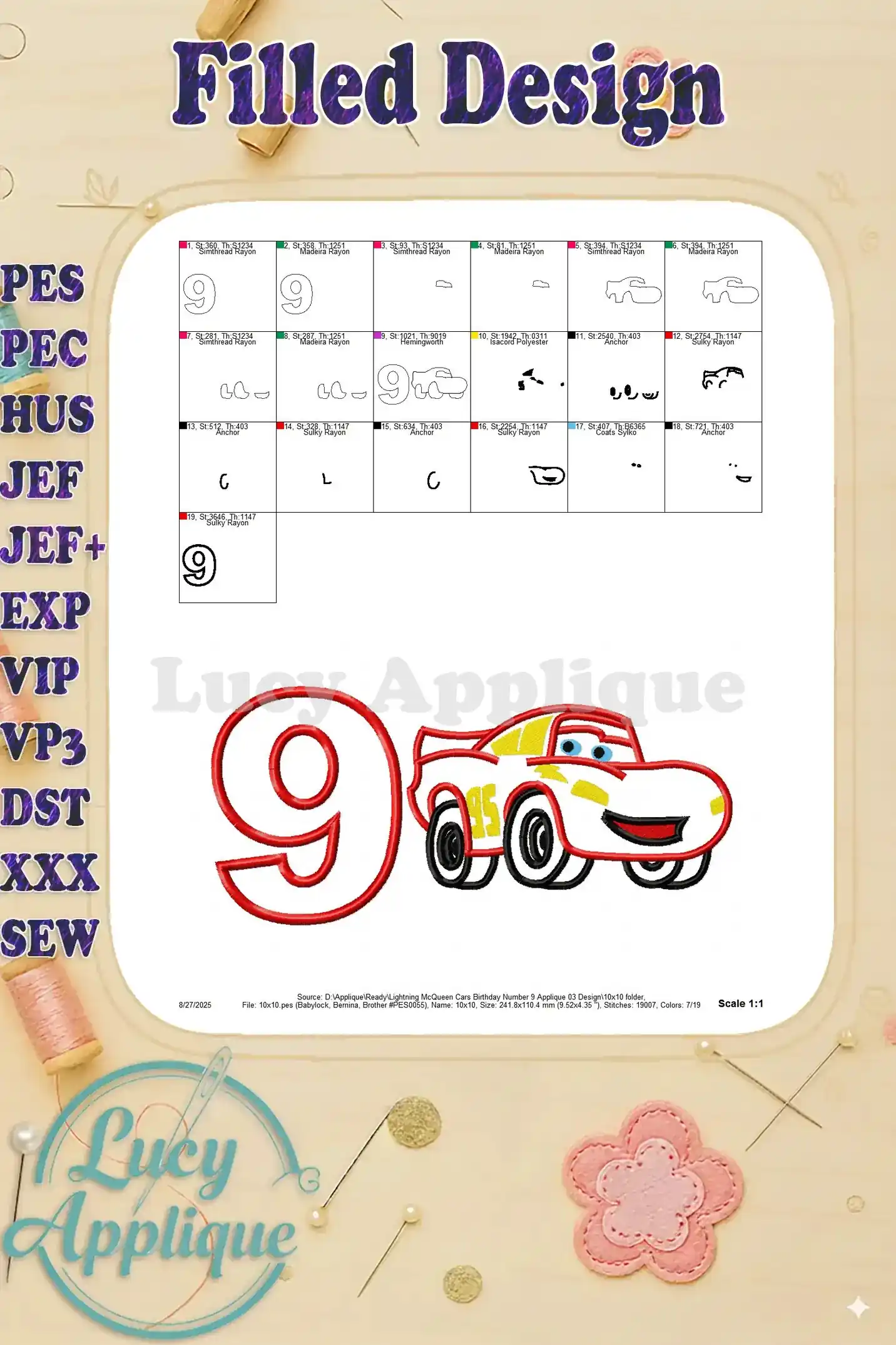 A filled design showing the complete Lightning McQueen applique with color variations and stitch details to help with embroidering.