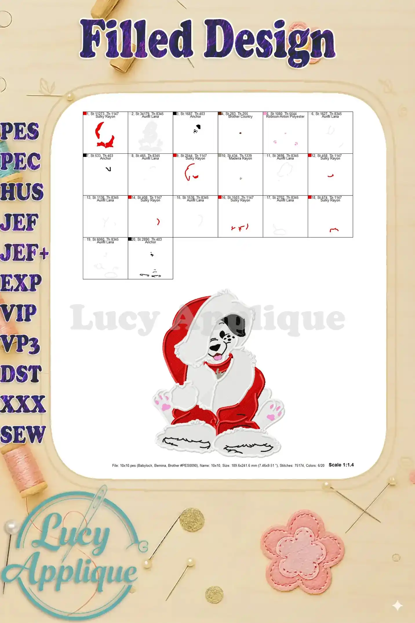 Detailed needle and thread chart for the Dalmatian Christmas embroidery design, listing thread colors and usage amounts.