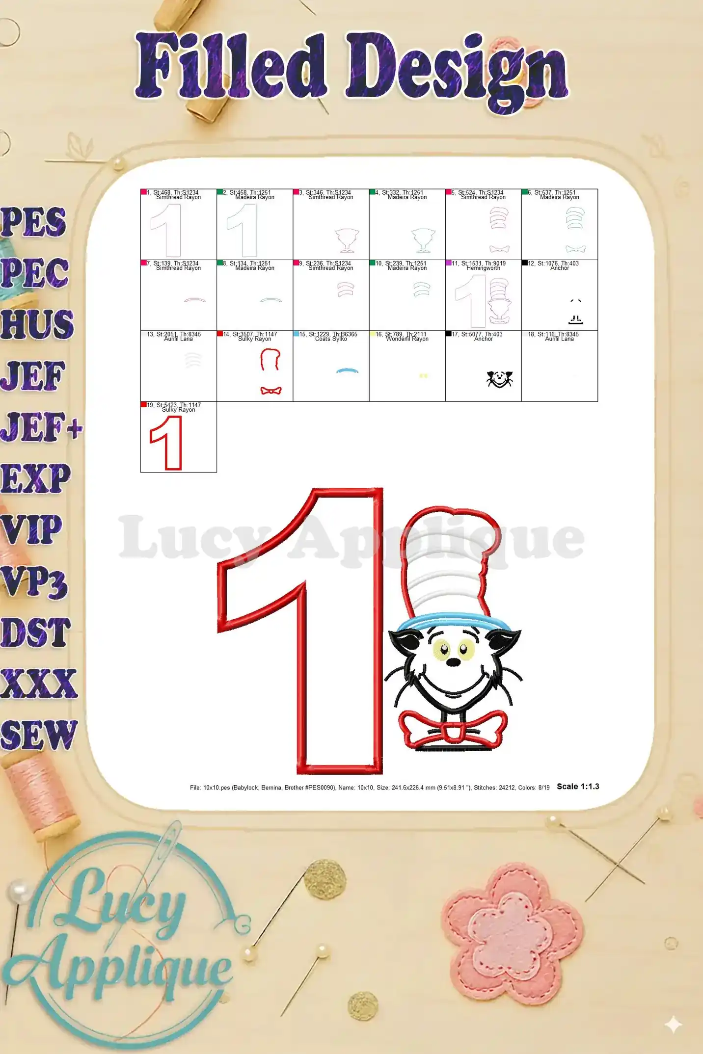 Filled design showing various color options for the Cat in the Hat first birthday applique embroidery design.