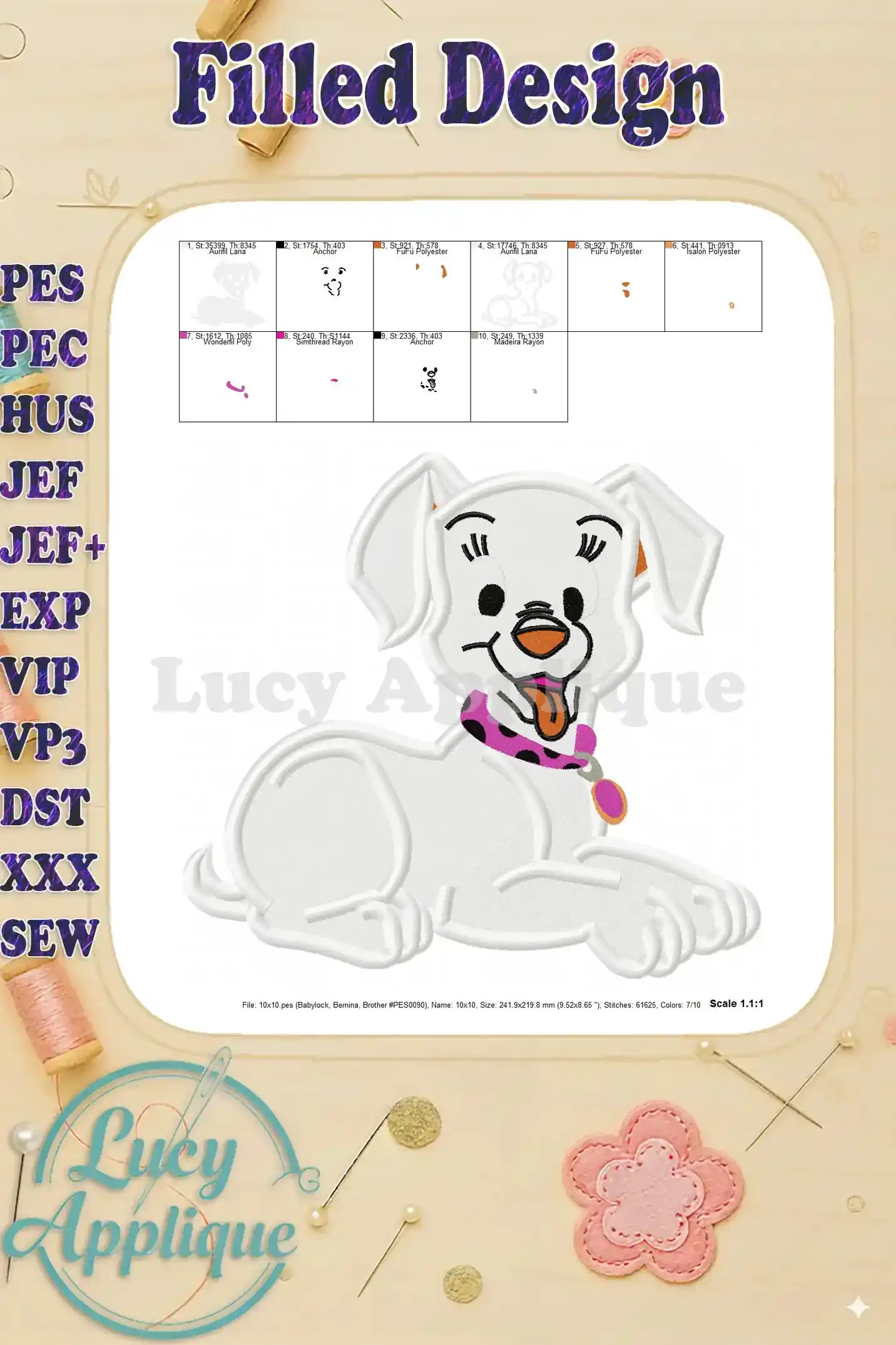 Detailed view of the 101 Dalmatians puppy embroidery design, showing the individual stitch details and thread colors used.