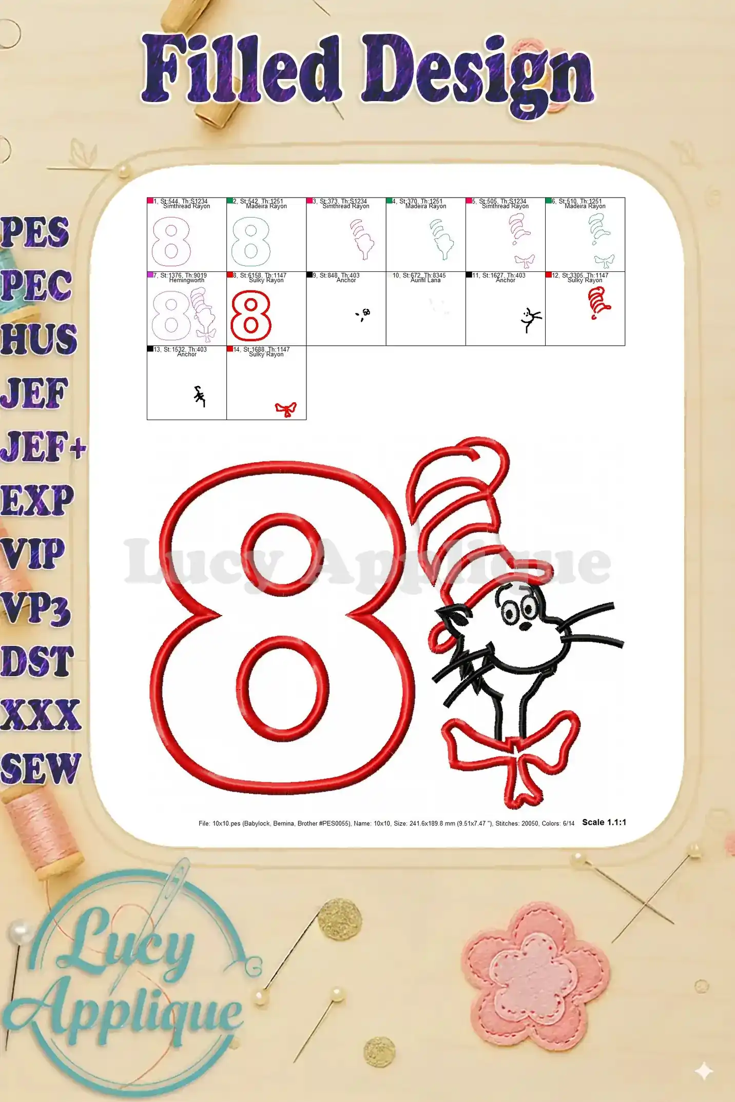 Embroidery design showcasing a filled version of the Cat in the Hat number 8 applique design, offering a complete view of the finished product.