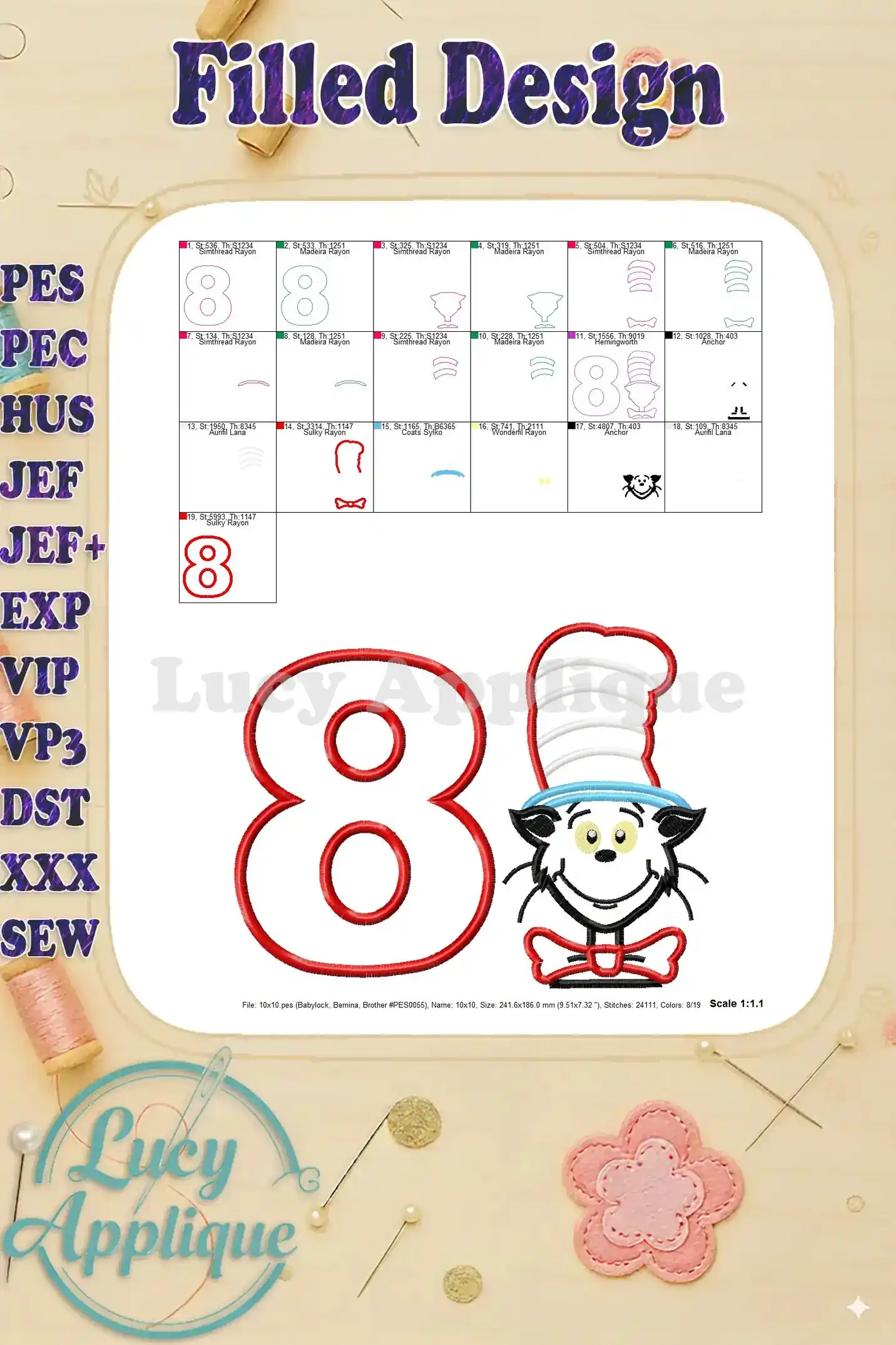 Filled design showing the complete Cat in the Hat applique design with stitch details and color information for embroidery.