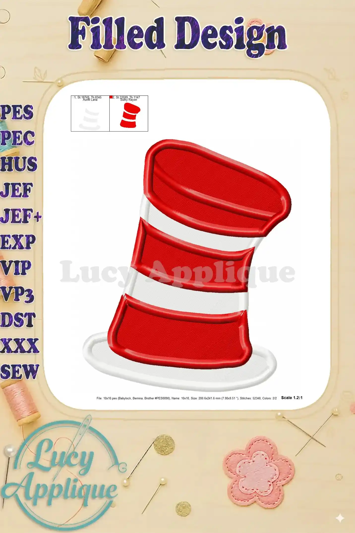 Embroidery design of the Cat in the Hat's hat, showing the design size and stitch details. Scale is 1:21.