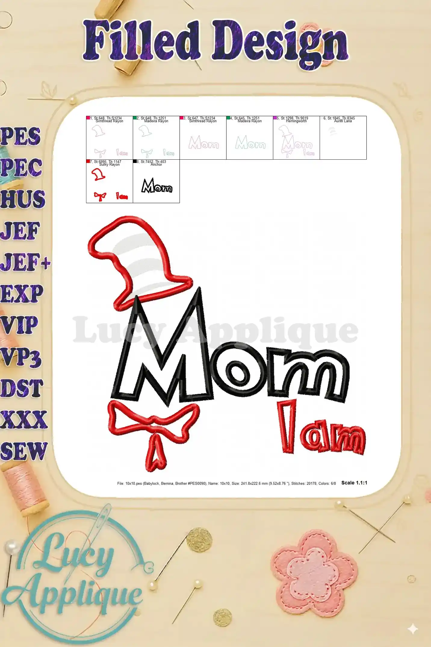 Filled design view of the Cat in the Hat Mom applique, showcasing the finished look with all elements stitched and detailed.