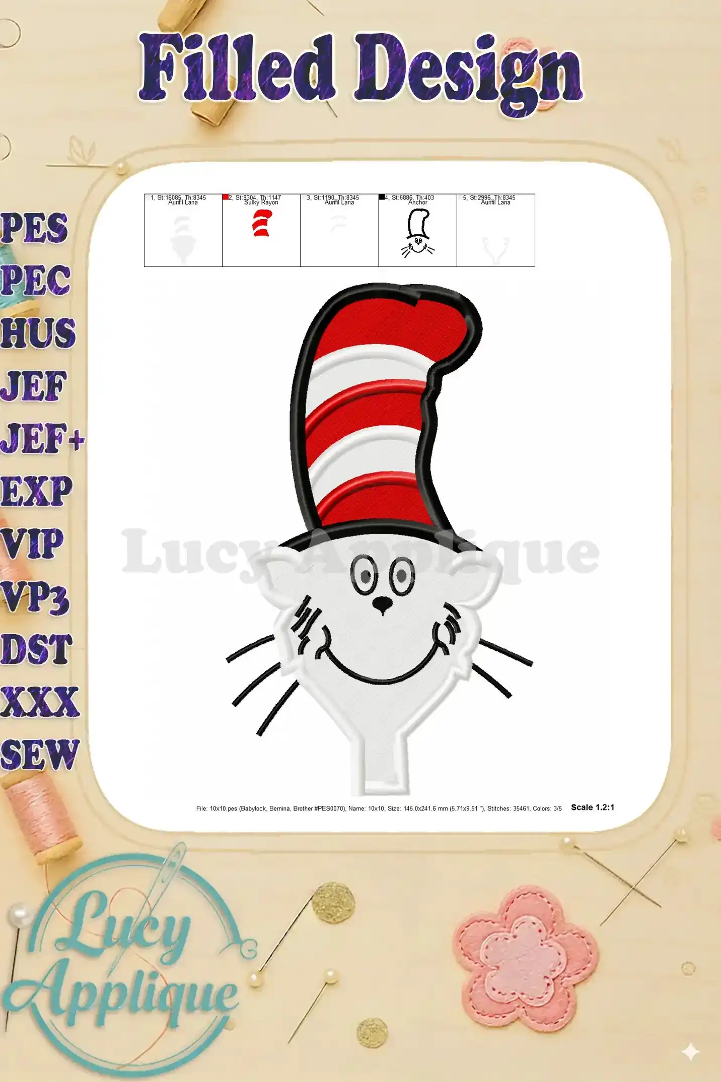 Close-up view of the Cat in the Hat embroidery design, highlighting the stitch details and color accuracy. High quality!