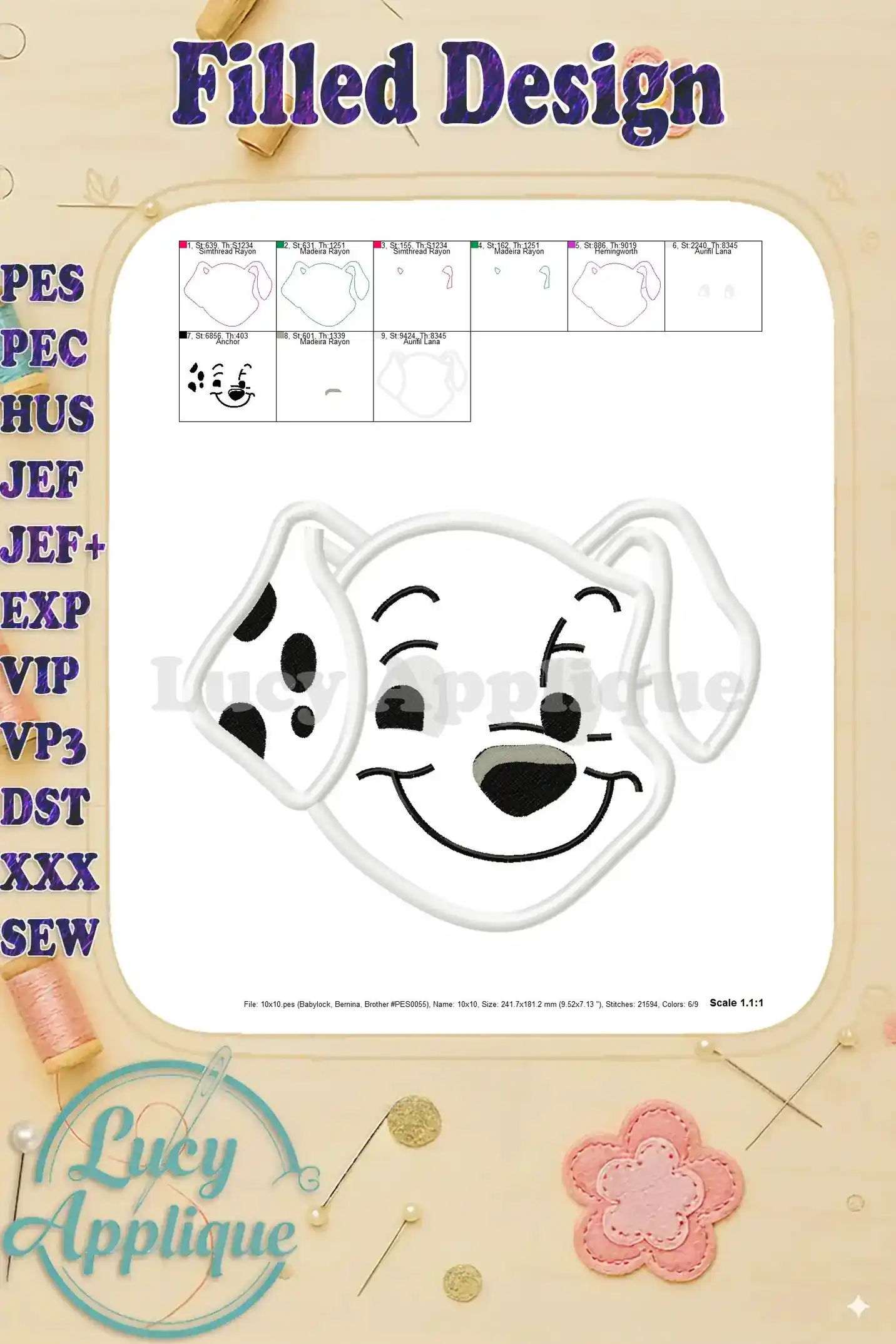 Filled embroidery design of a Dalmatian puppy head, showcasing the completed look after stitching.