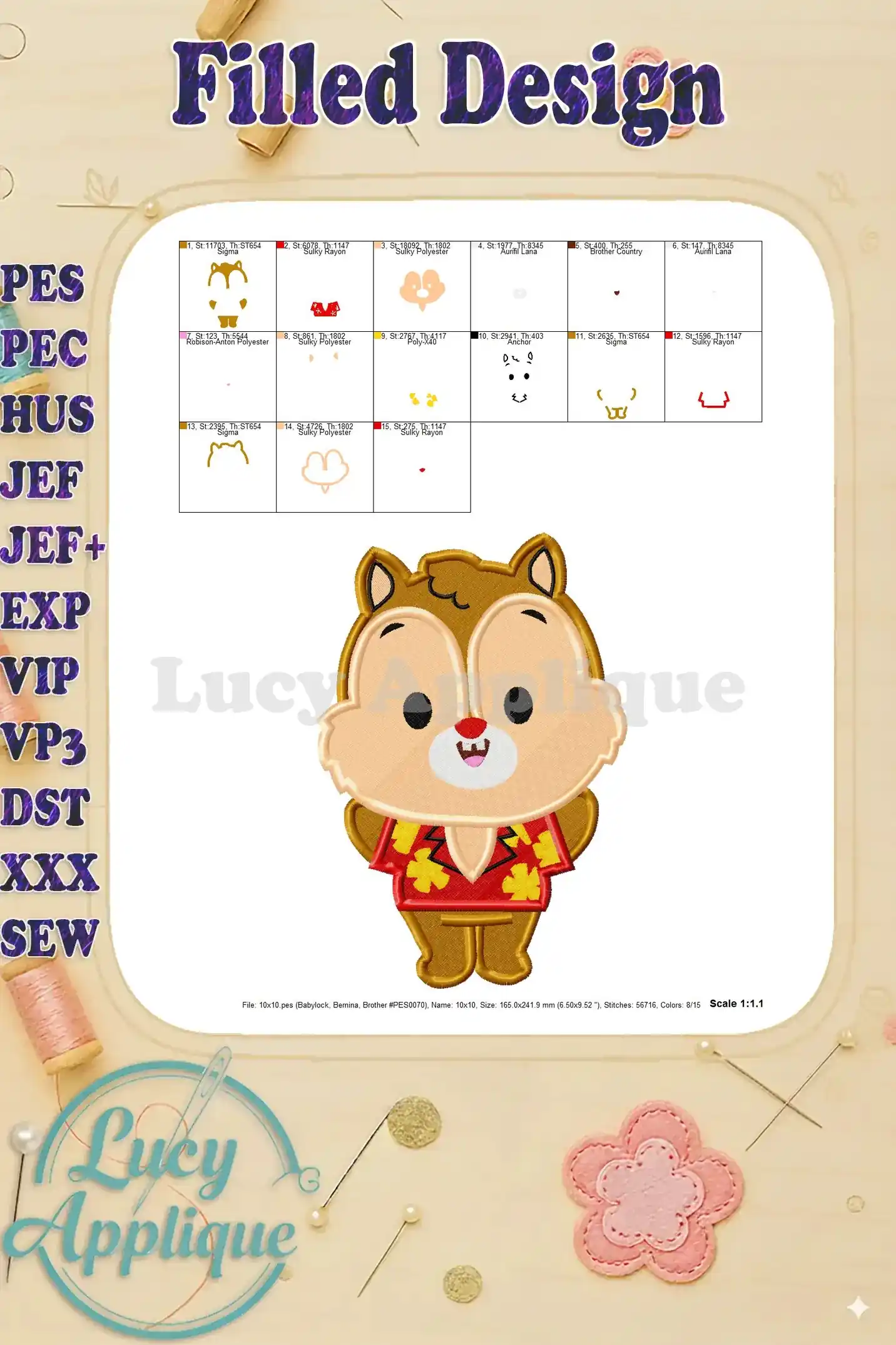 Detailed view of the Chip and Dale embroidery design showing individual sections and their corresponding thread colors. A clear guide for embroidery.