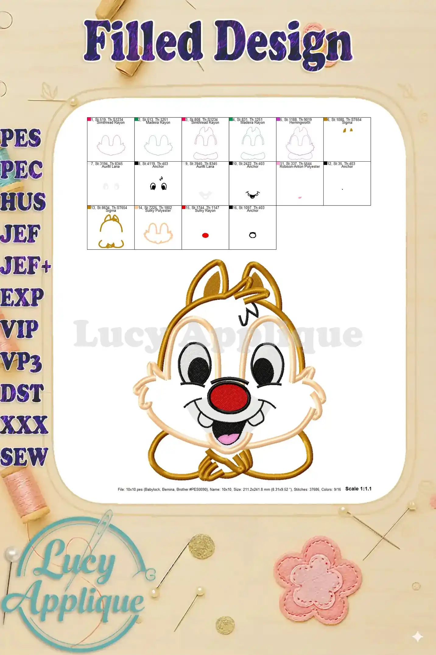 Filled design image of Chip and Dale applique, showing the completed look after embroidery. Includes details on stitches and size.