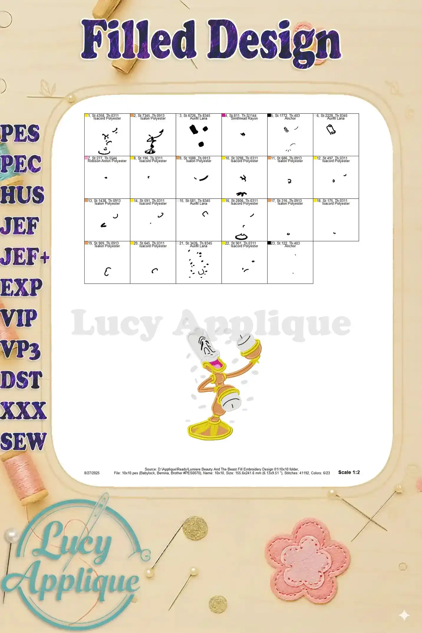 Detailed color chart for Lumiere's embroidery design. Shows each color used and its corresponding thread number.