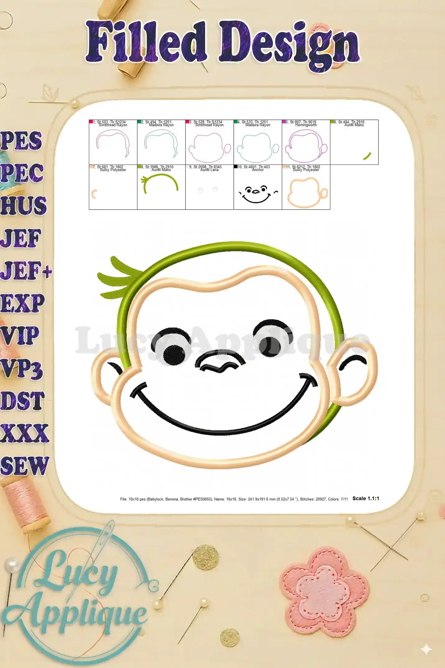 Filled design of Curious George's face, showing the completed embroidery design with different thread colors to create a complete and appealing image.