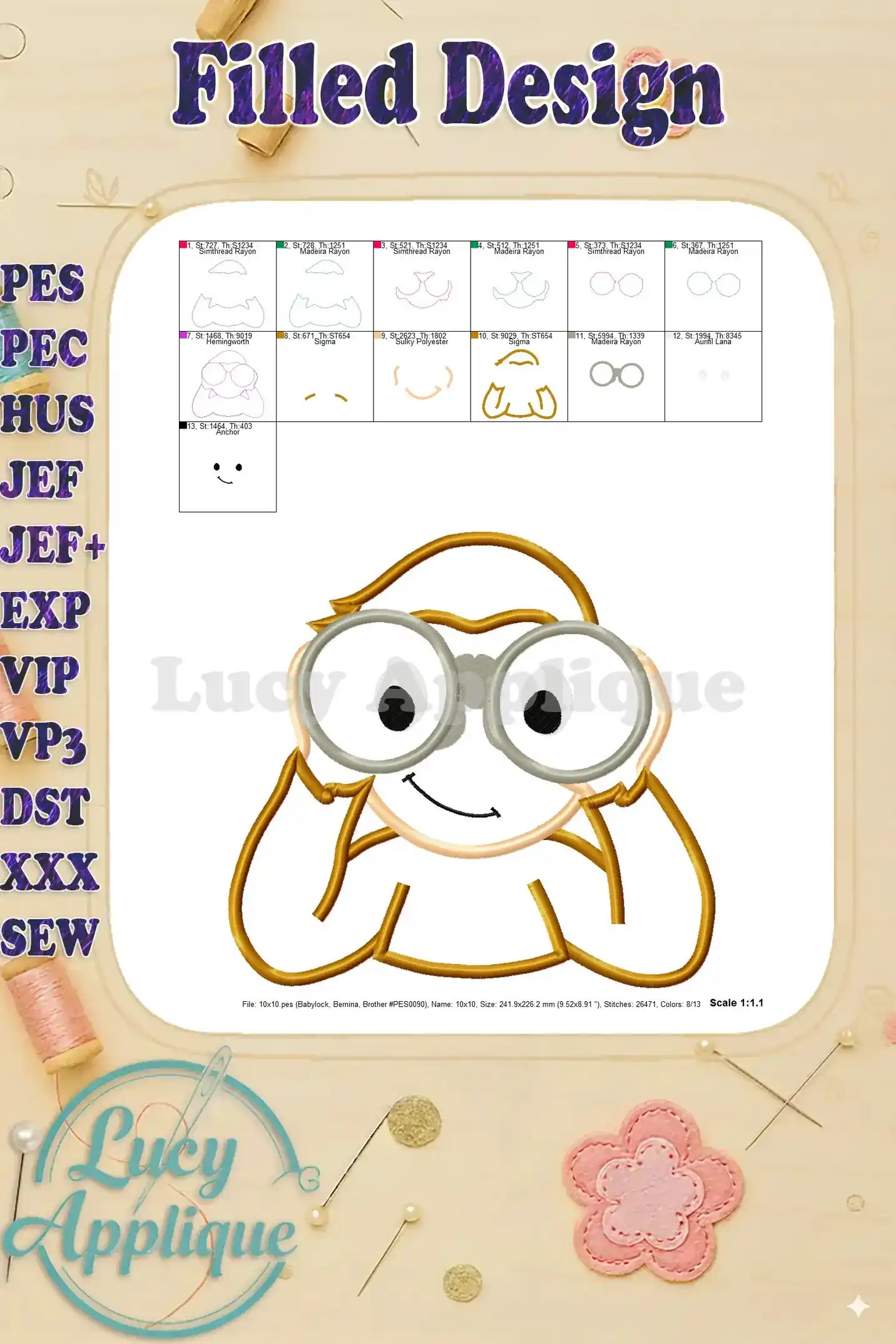 Filled design of Curious George wearing binoculars, showing the completed embroidery design.