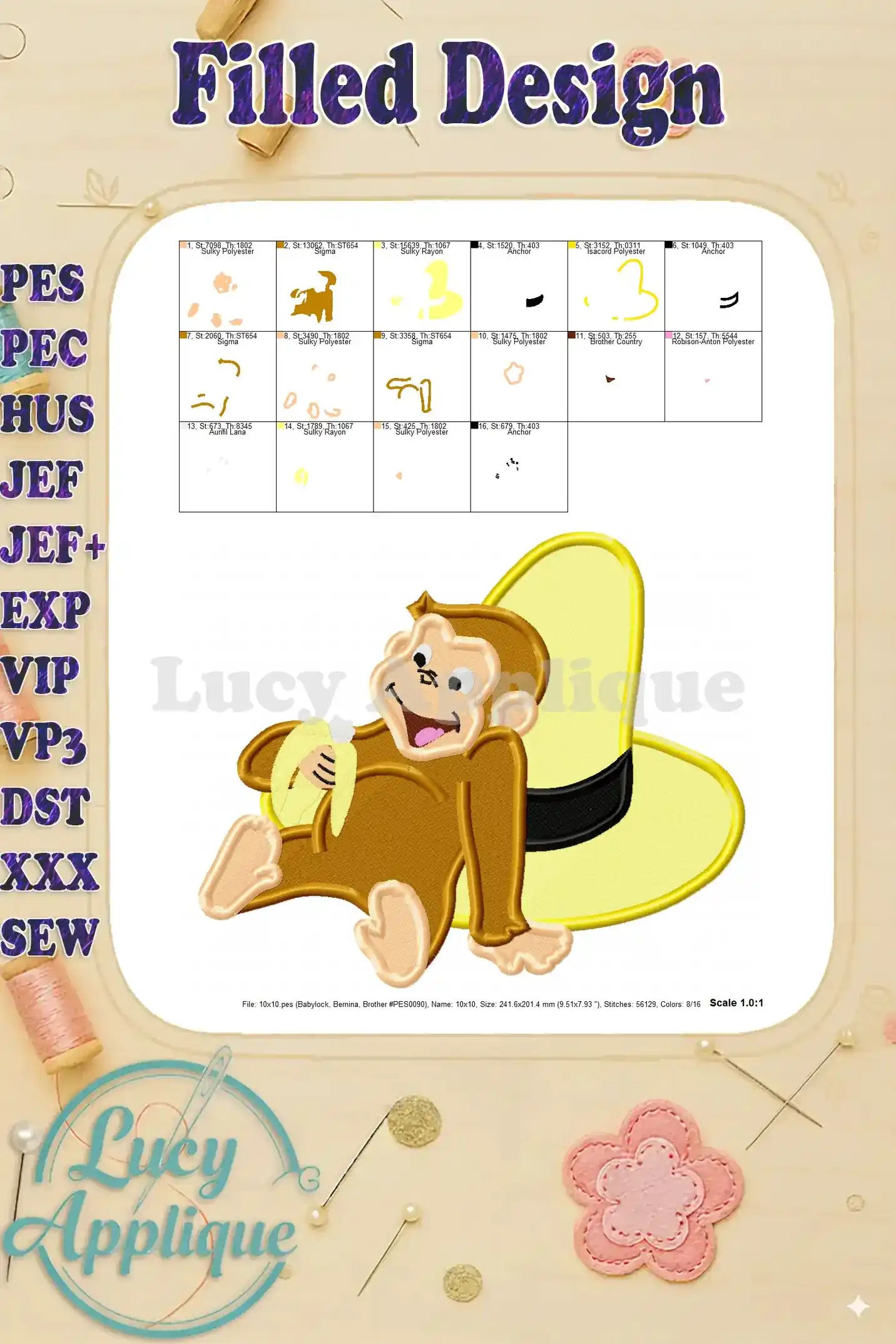 Embroidery design of Curious George in a sombrero, with a banana. Includes information on file size, stitches, and colors.