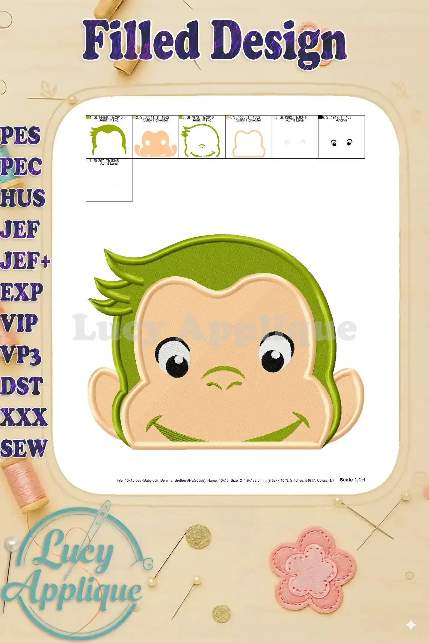 Alternative color scheme for Curious George embroidery, featuring a green monkey. Shows a different design aesthetic.