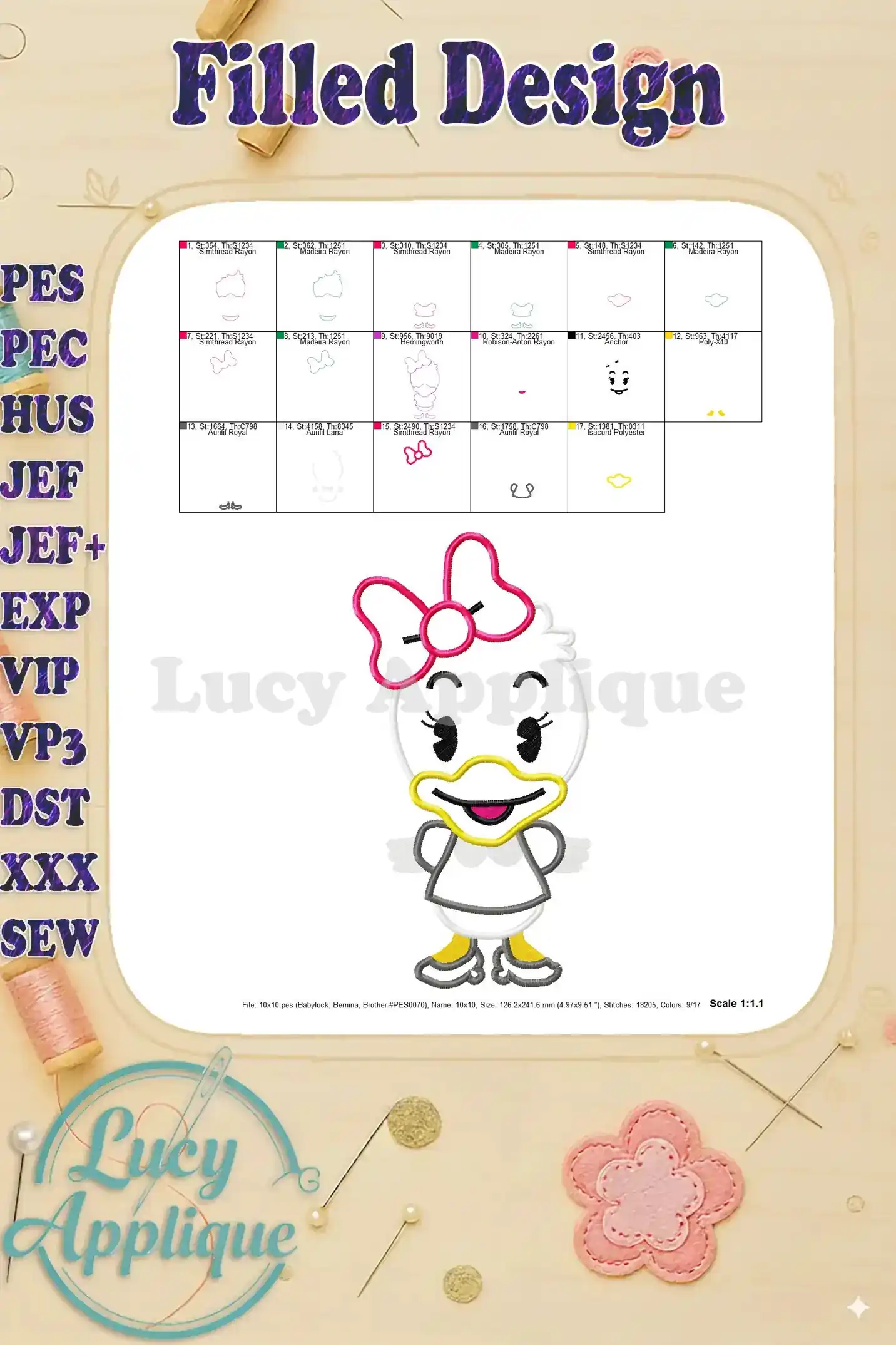 Detailed instructions and a color chart for embroidering the filled version of the Baby Daisy Duck design.