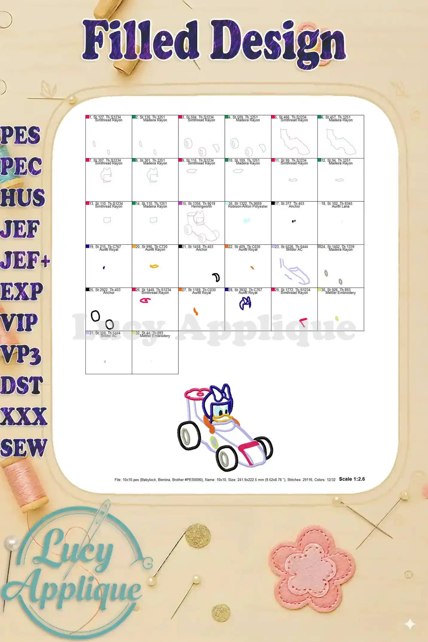 Filled design image for the Daisy Duck in her race car, showing the completed embroidery with thread colors.