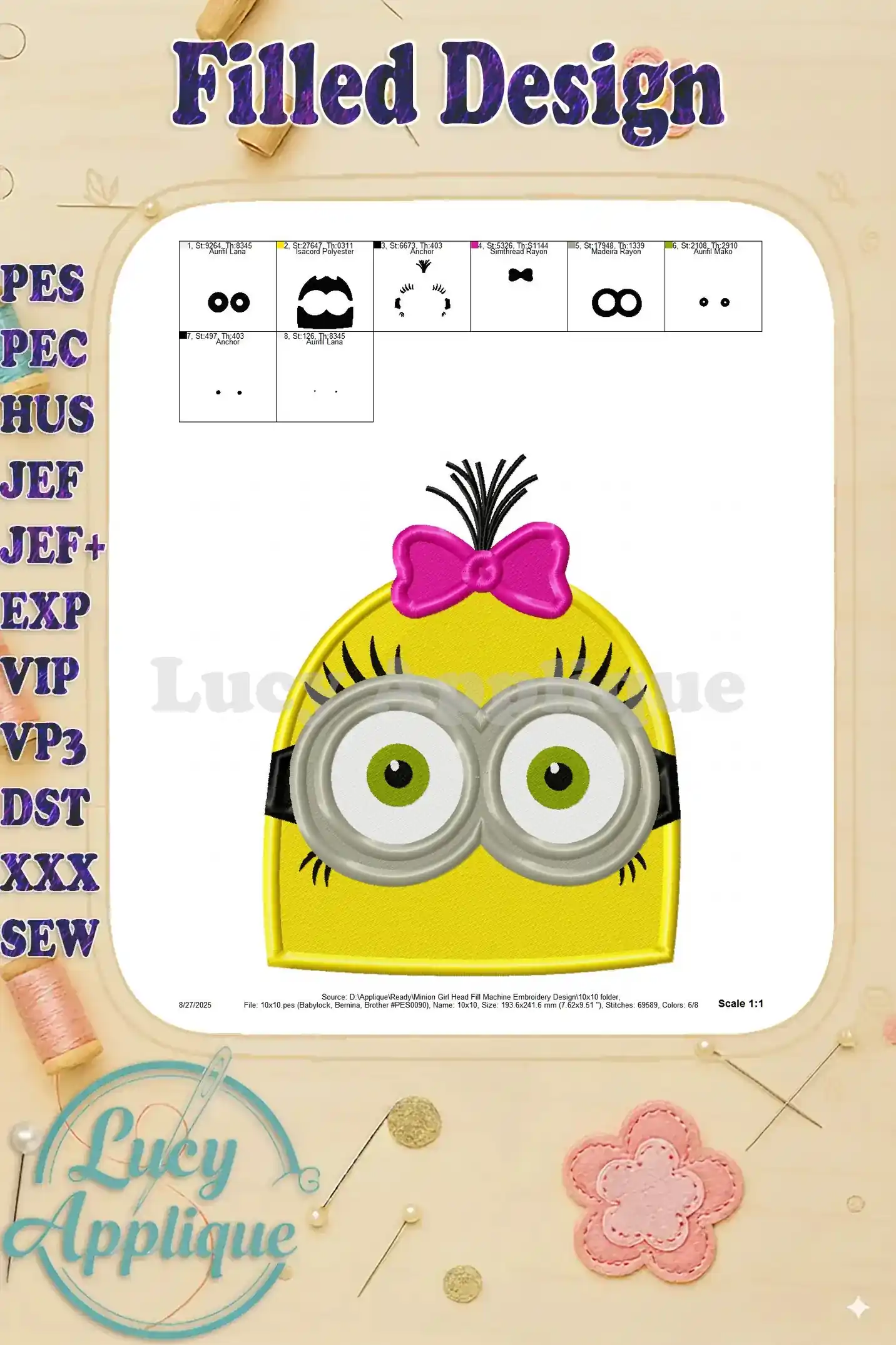 Detailed view of the design layout and thread color chart for the Minion girl head embroidery design.