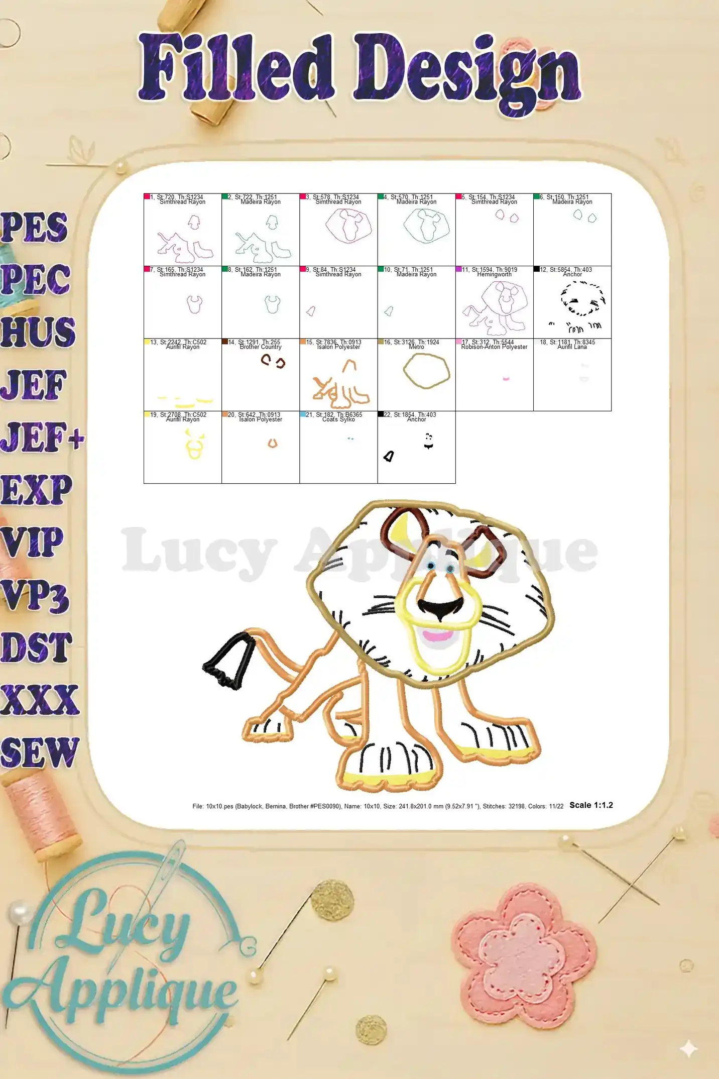 Alex the Lion from Madagascar in a filled embroidery design, showcasing a different style than the applique version. Perfect for beginners.