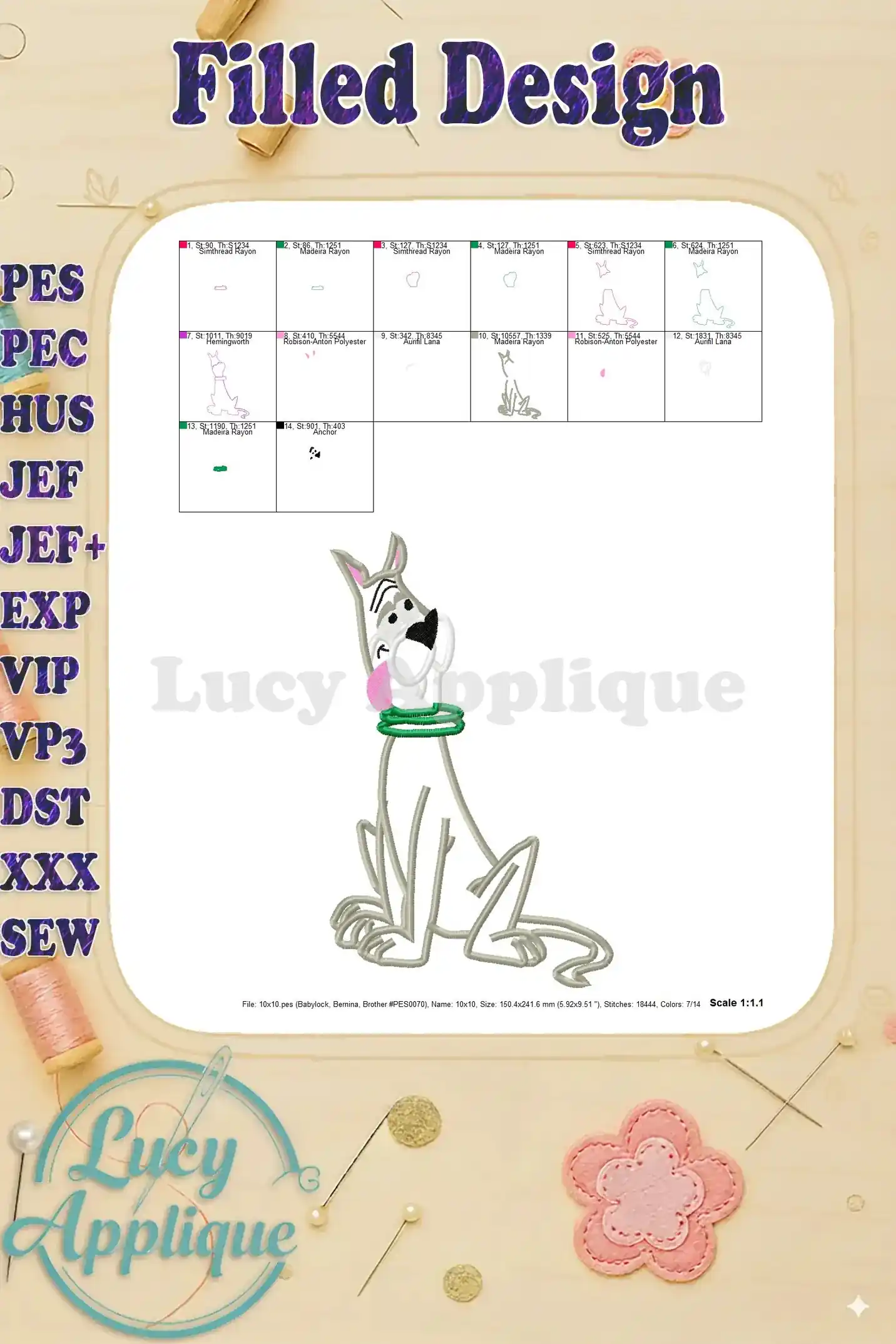 Embroidery design of Astro, the dog from The Jetsons, shown as a filled design. The design is ready to be stitched and includes thread details.