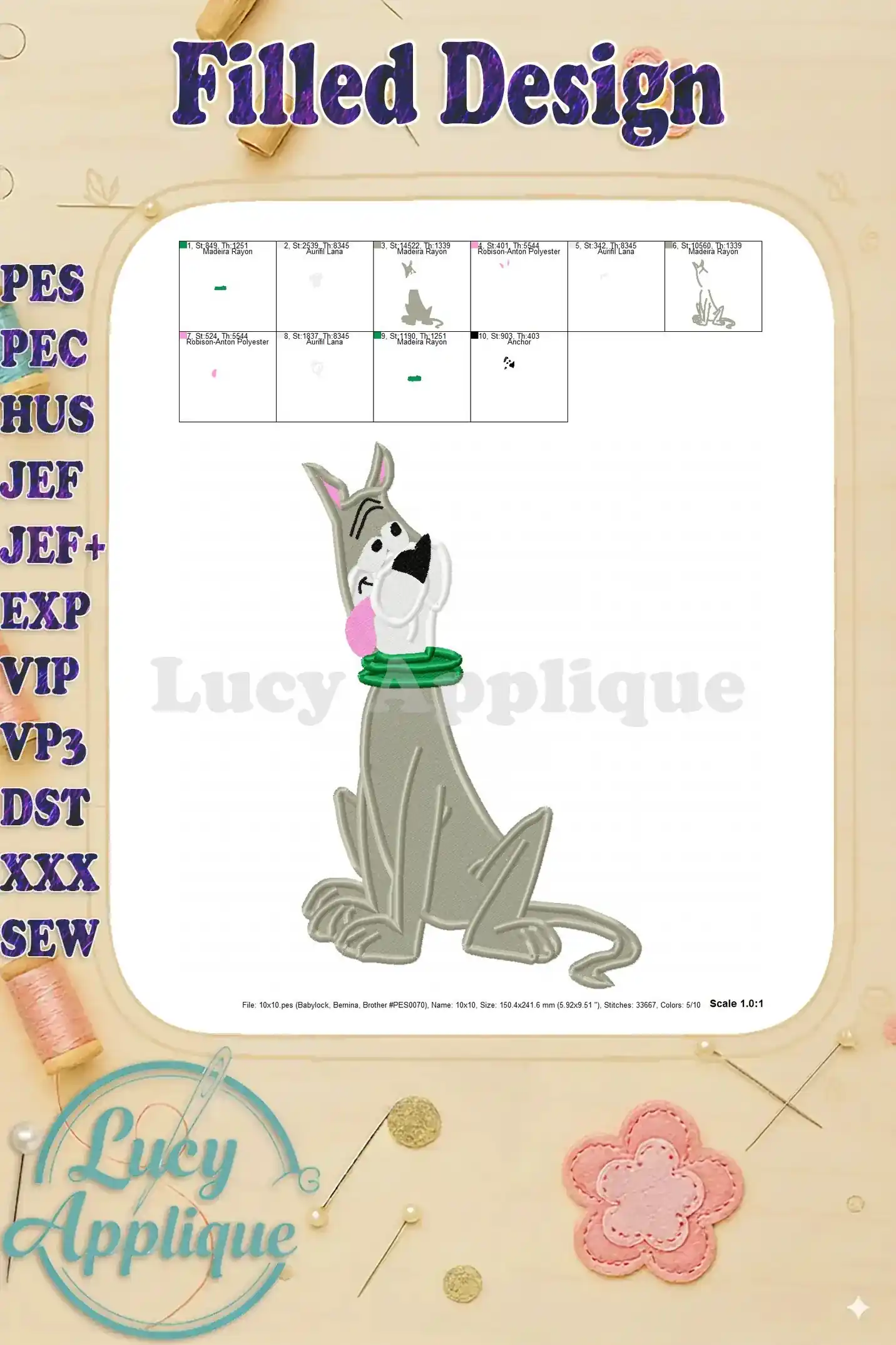 Embroidery design of Astro, the dog from The Jetsons, displayed with size and stitch details. The design is filled and features a green collar.