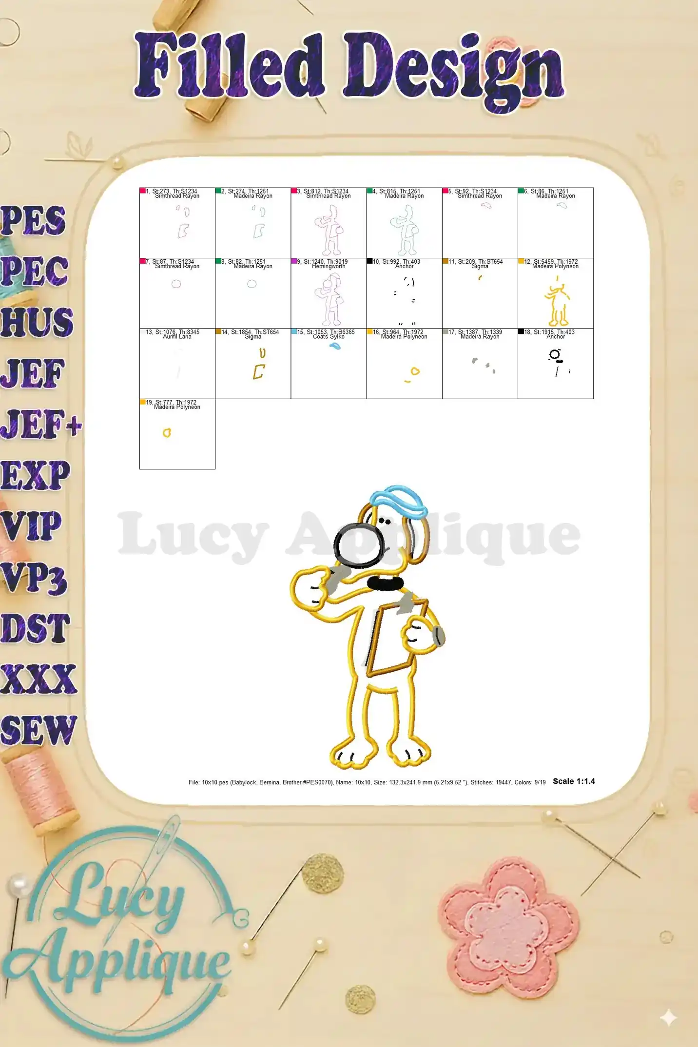 Filled design of Bitzer from Shaun the Sheep, showing multiple color blocks and stitch details. This detailed view helps visualize the final embroidered product.