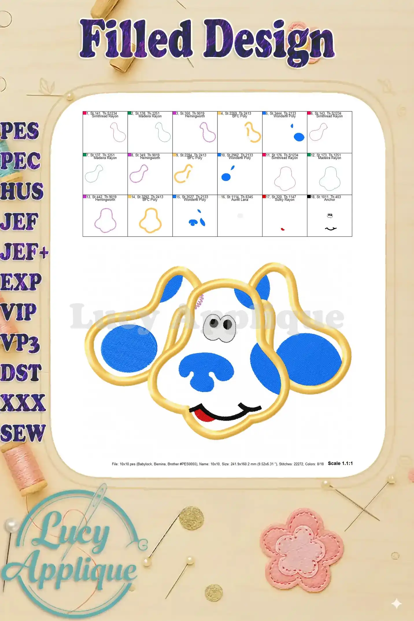 Filled design of Blue's Clues applique embroidery, showcasing the completed design. Color chart included.