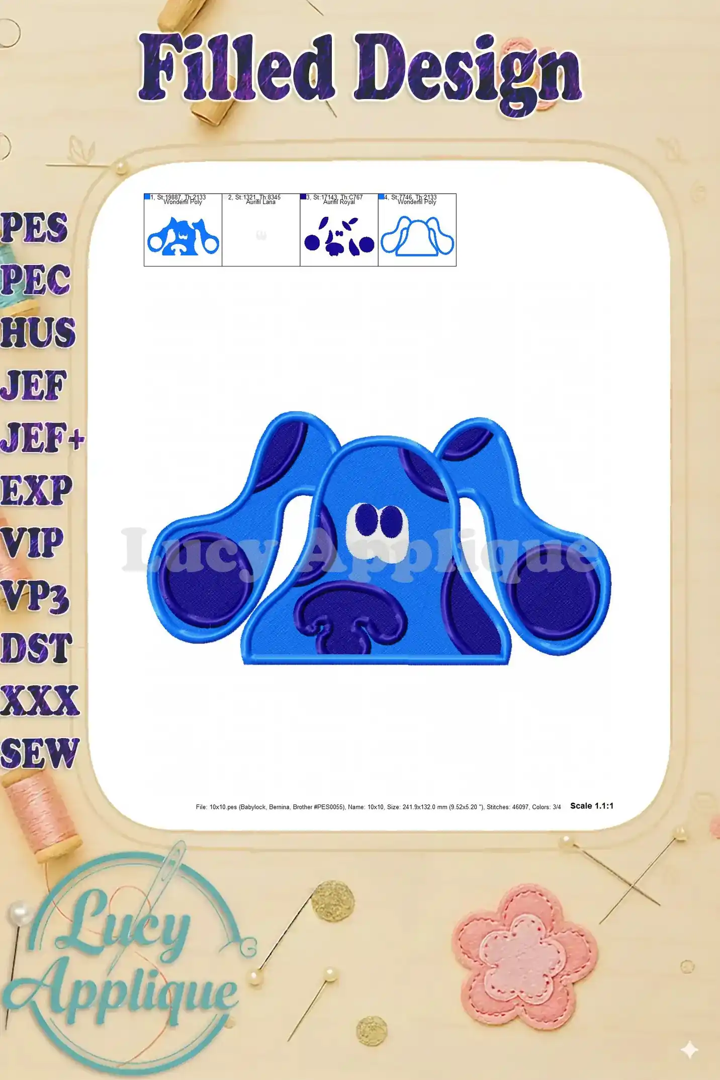 Alternative view of the Blue's Clues filled embroidery design, showcasing stitch details and overall design dimensions. Perfect for sewing projects.
