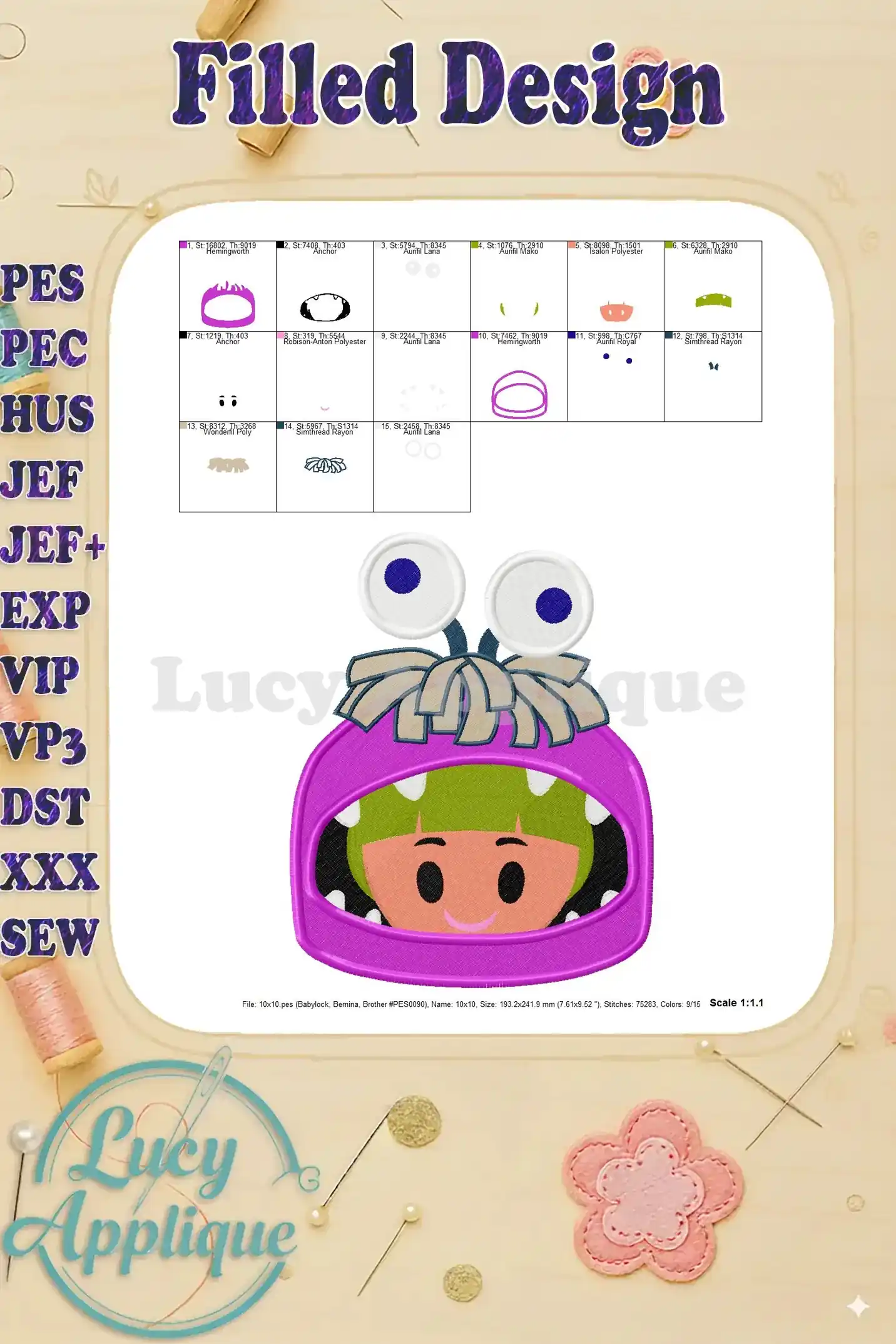 Detailed view of the embroidery design, showing thread colors and placement, with additional design information such as stitch count and size.