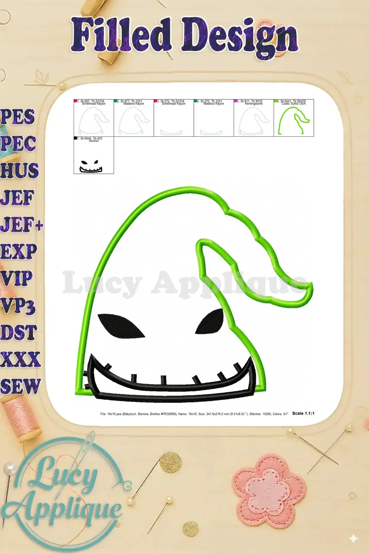 A filled design showing the completed Boogie Man head applique embroidery design in various color options, providing a preview of the finished product.