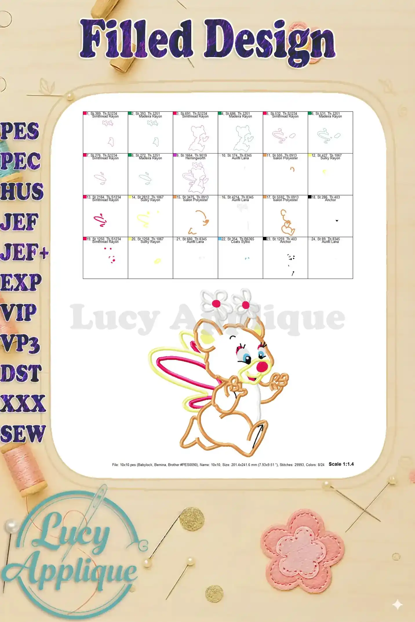 Filled design for Butterbear the Wuzzles applique, showing the complete design with thread color information.