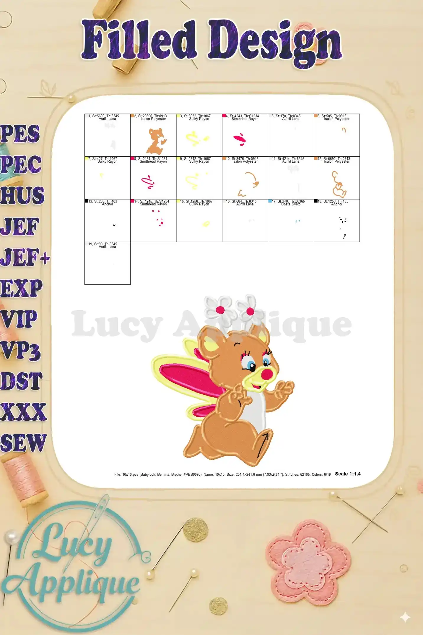 Detailed thread chart for the Butterbear Wuzzles design, showing individual thread colors and their respective stitch areas. Useful for organizing your embroidery supplies.