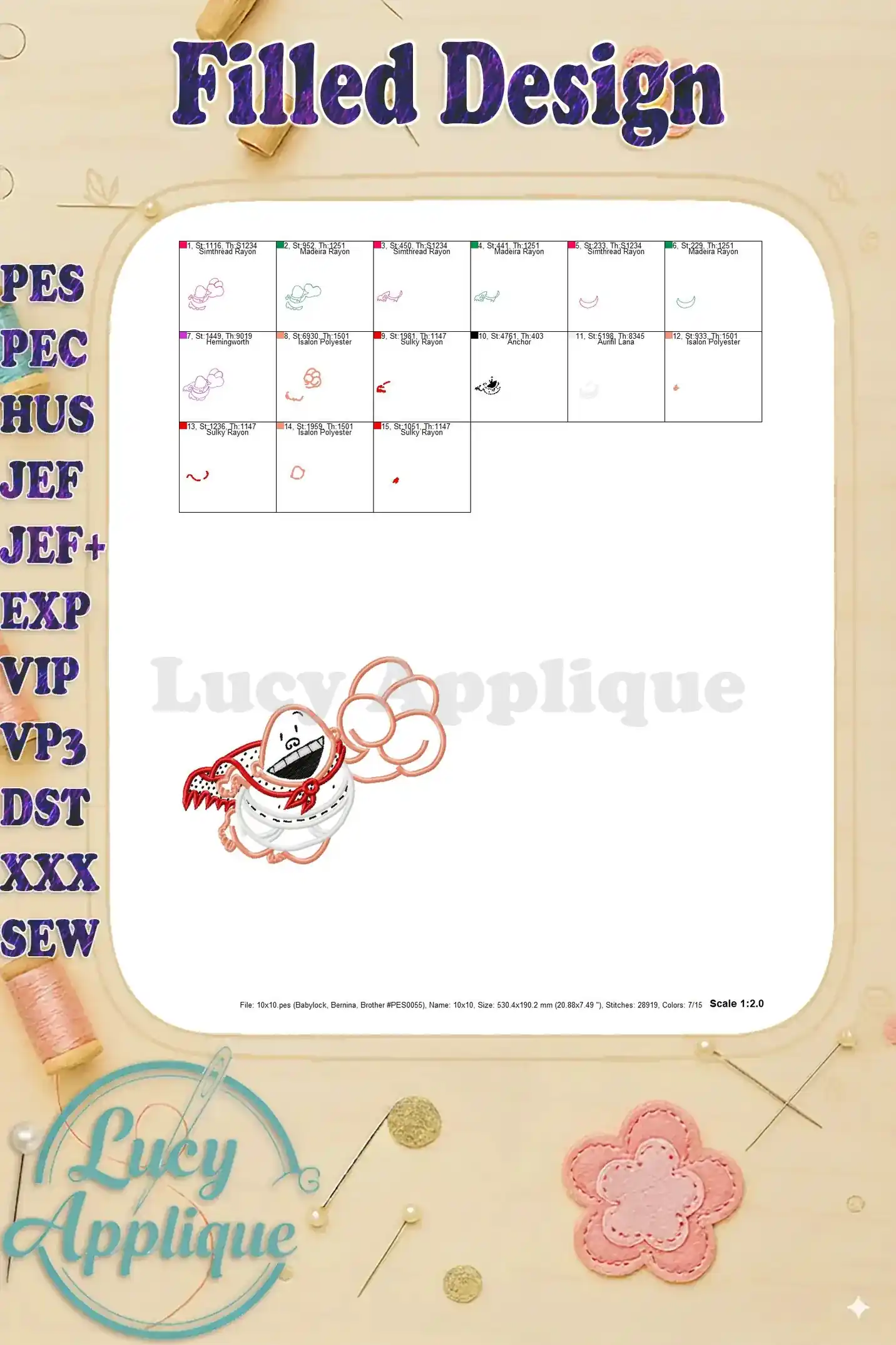 Filled design version of the Captain Underpants applique, with a color chart showing thread types and color codes.