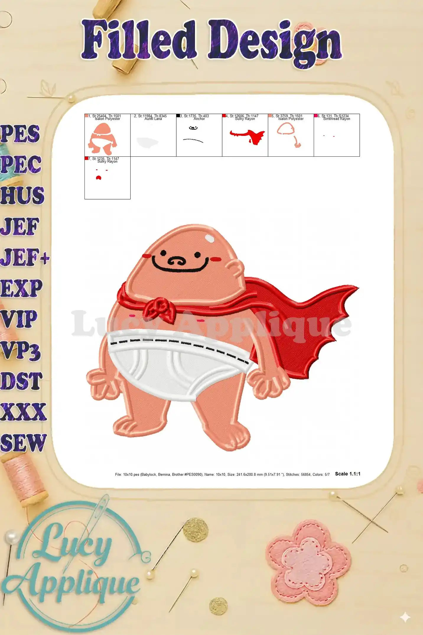 Another view of the Captain Underpants filled embroidery design, highlighting the stitch details and overall design.