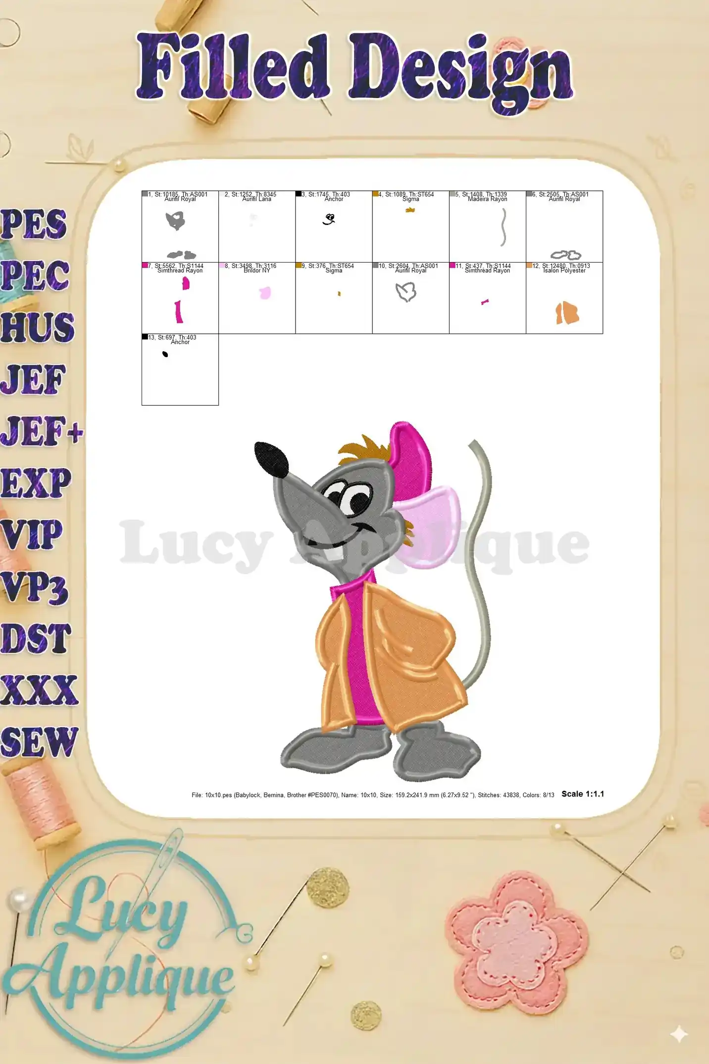 Detailed view of the completed Jaq embroidery design, showcasing the fine details and accurate representation of the character from Disney's Cinderella.