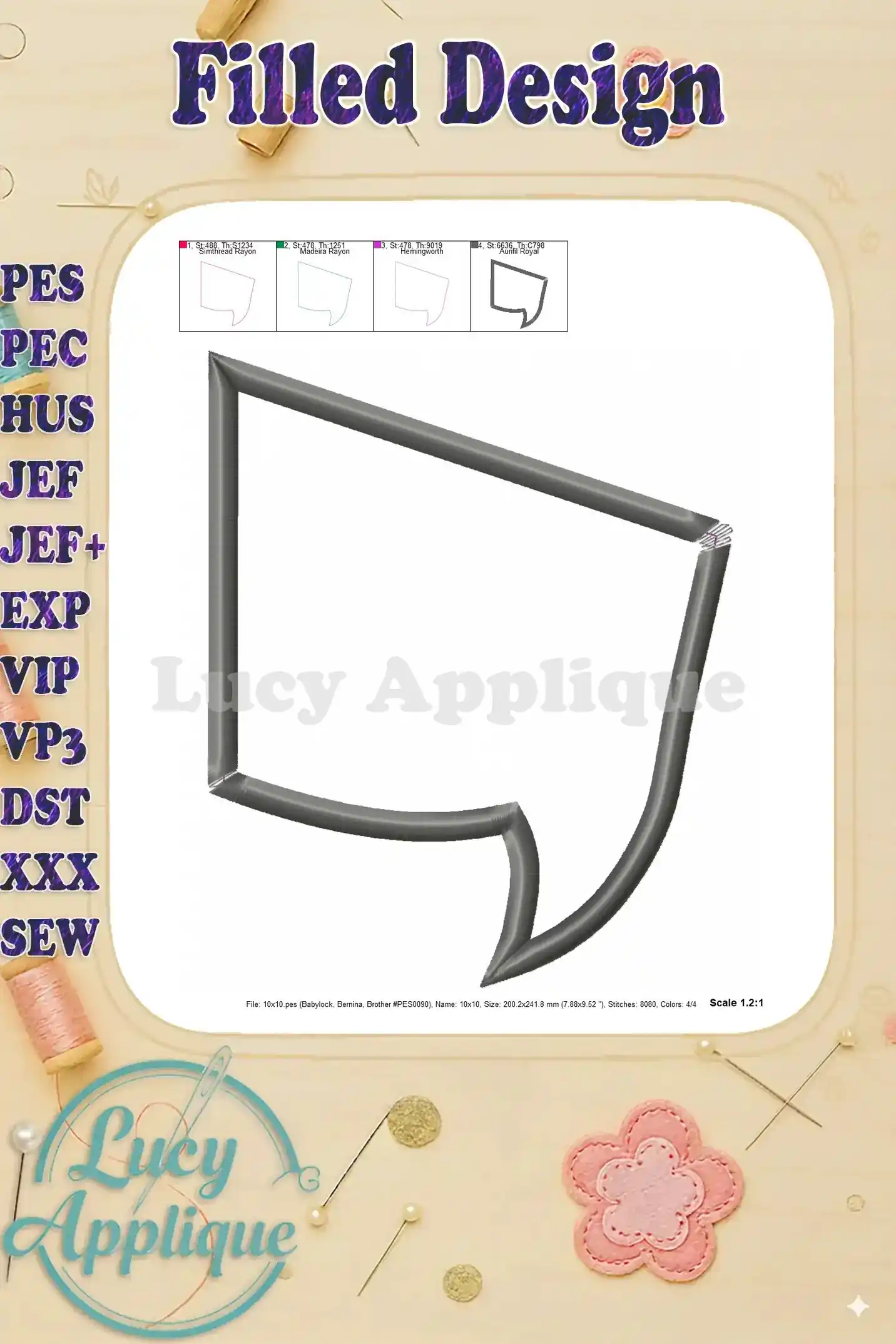 Image shows a filled version of the Comic Speech Bubble Appliqué embroidery design, suitable for various embroidery machines.