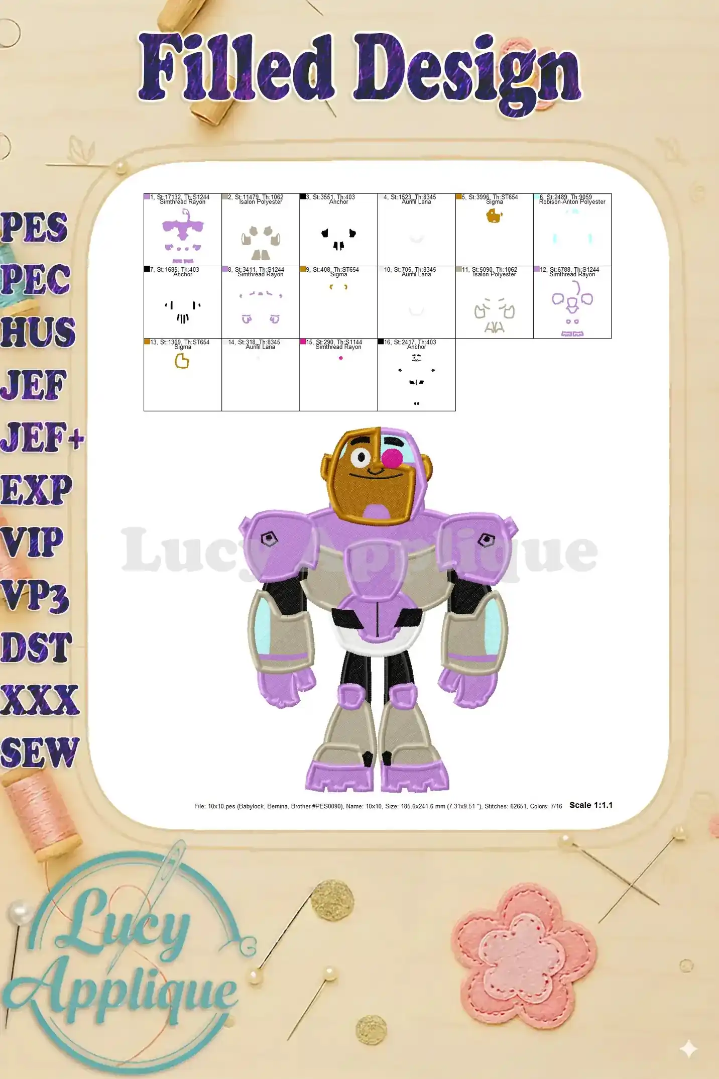 Detailed view of the purple version of the Cyborg Teen Titans Go! filled embroidery design. Shows the thread colors and stitch details.